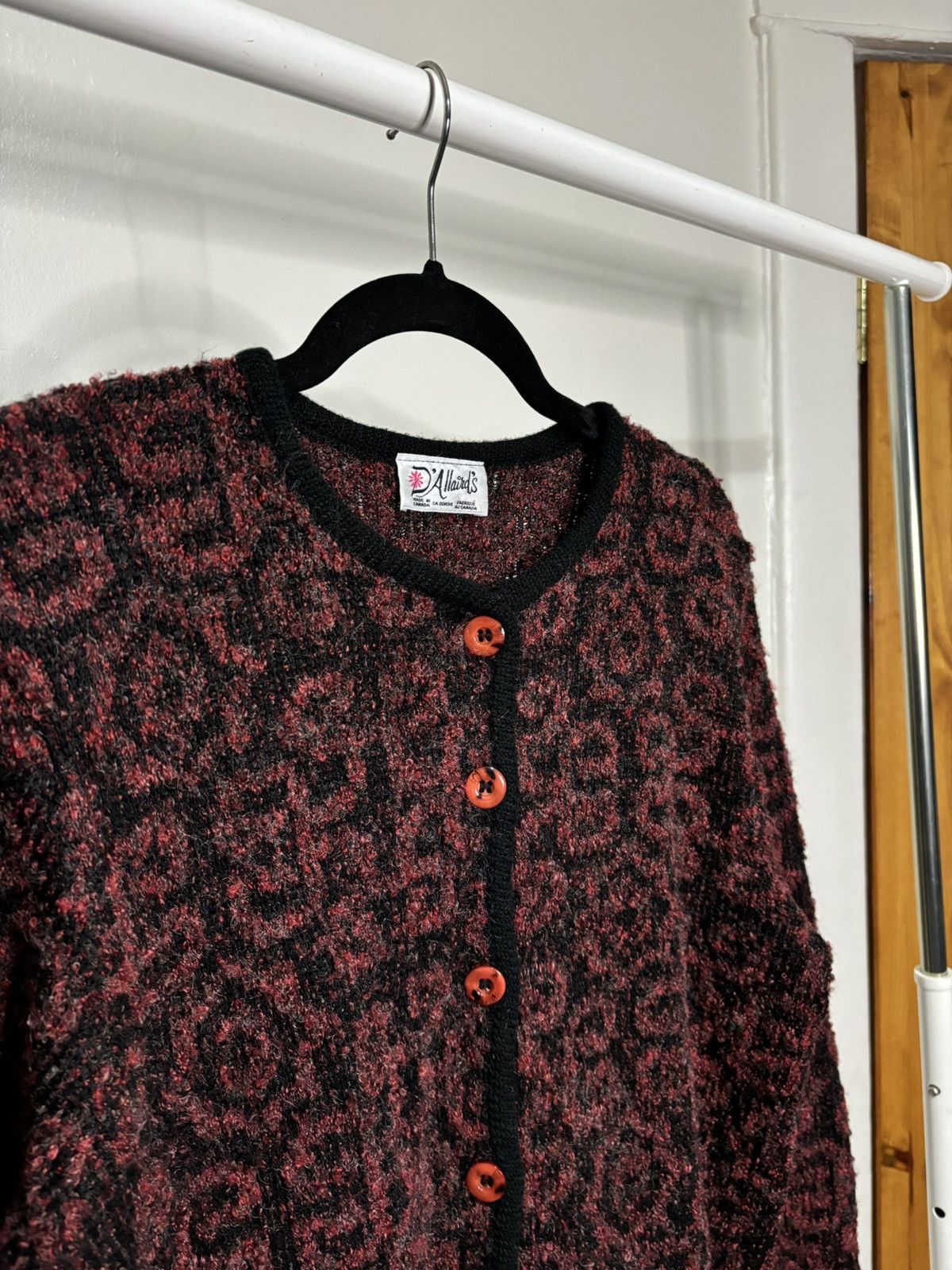 Vintage Vintage 1990s Patterned Red Black Cardigan Sweater Size L / US 10 / IT 46 - 2 Thumbnail