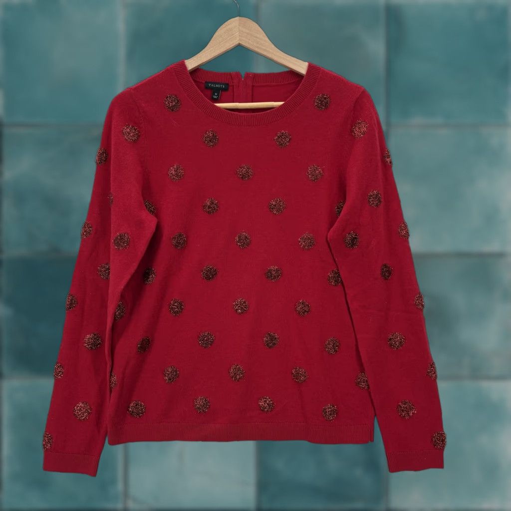 Talbots Talbots Womens Sweater Medium Red Polka Dot Metallic Knit Pullover Lambswool Size M / US 6-8 / IT 42-44 - 1 Thumbnail