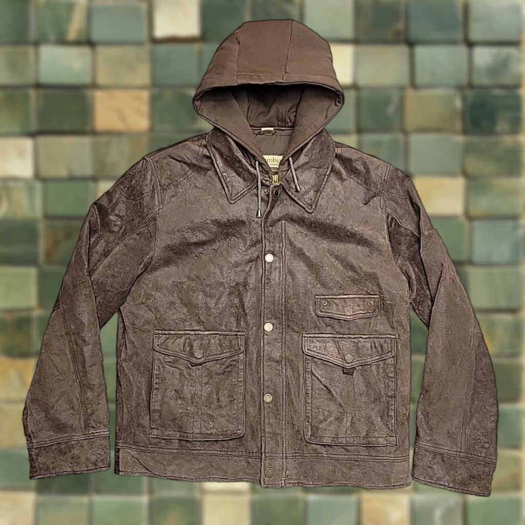 Vintage Columbia Jacket Men Large Brown Leather Hooded Full Zip Insulated Removable Hood Size US L / EU 52-54 / 3 - 1 Thumbnail