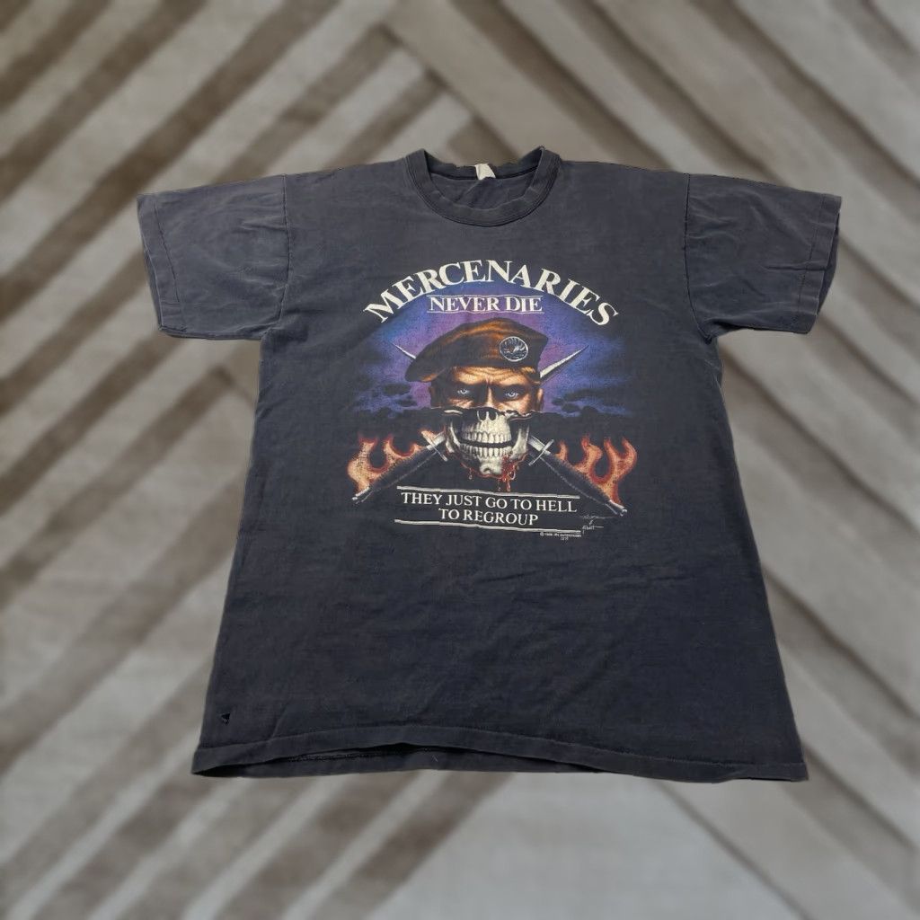Vintage VINTAGE Mercenaries Never Die T Shirt Men’s Large 80s Logo Graphic Print Black Cotton Blend Crew Neck Short Sleeve US JRS Mens Size US L / EU 52-54 / 3 - 1 Thumbnail