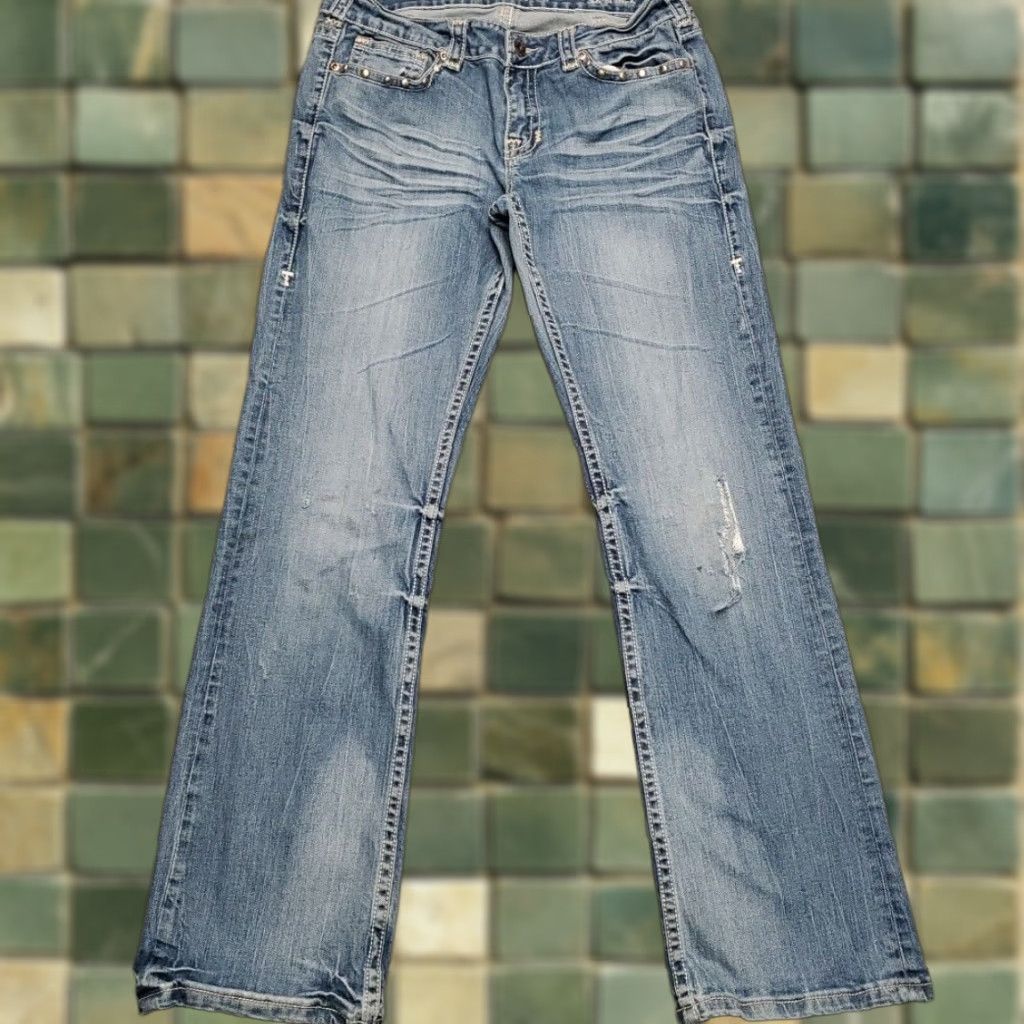 Vintage Cowgirl Tuff Jeans Women Bootcut 31x33 Denim Blue Western Cowboy Bucking Bronc Logo Embroidered Stretch Pants USA Mens Womens Size 24" / US 00 / IT 34 - 1 Thumbnail