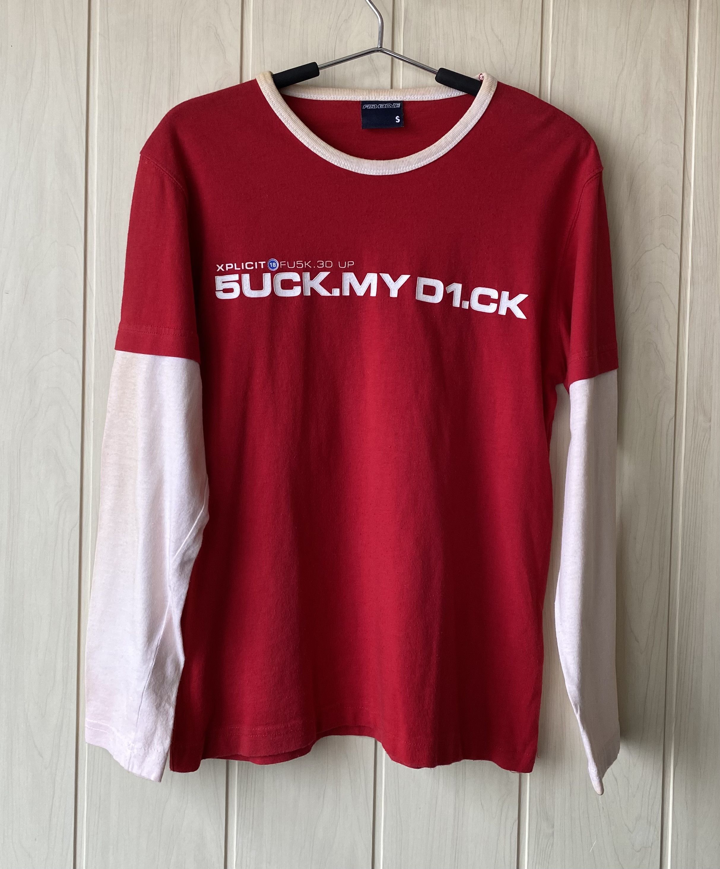 image of Vintage Fishbone Suck My Dick Xplicit Long Sleeve T-Shirt in Red/White, Men's (Size Small)