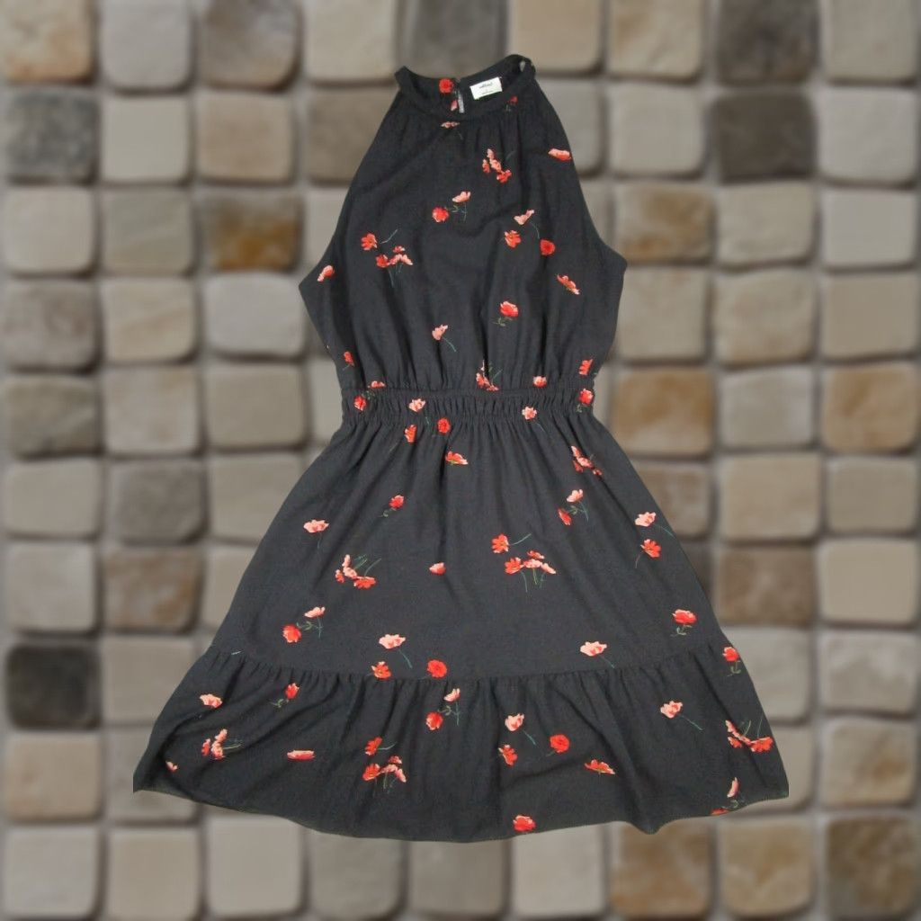 Flowers Wilfred Dress Womens Small Black Floral Blouson Dress Short Sleeveless Crew Neck Button Casual Party/Cocktail Travel