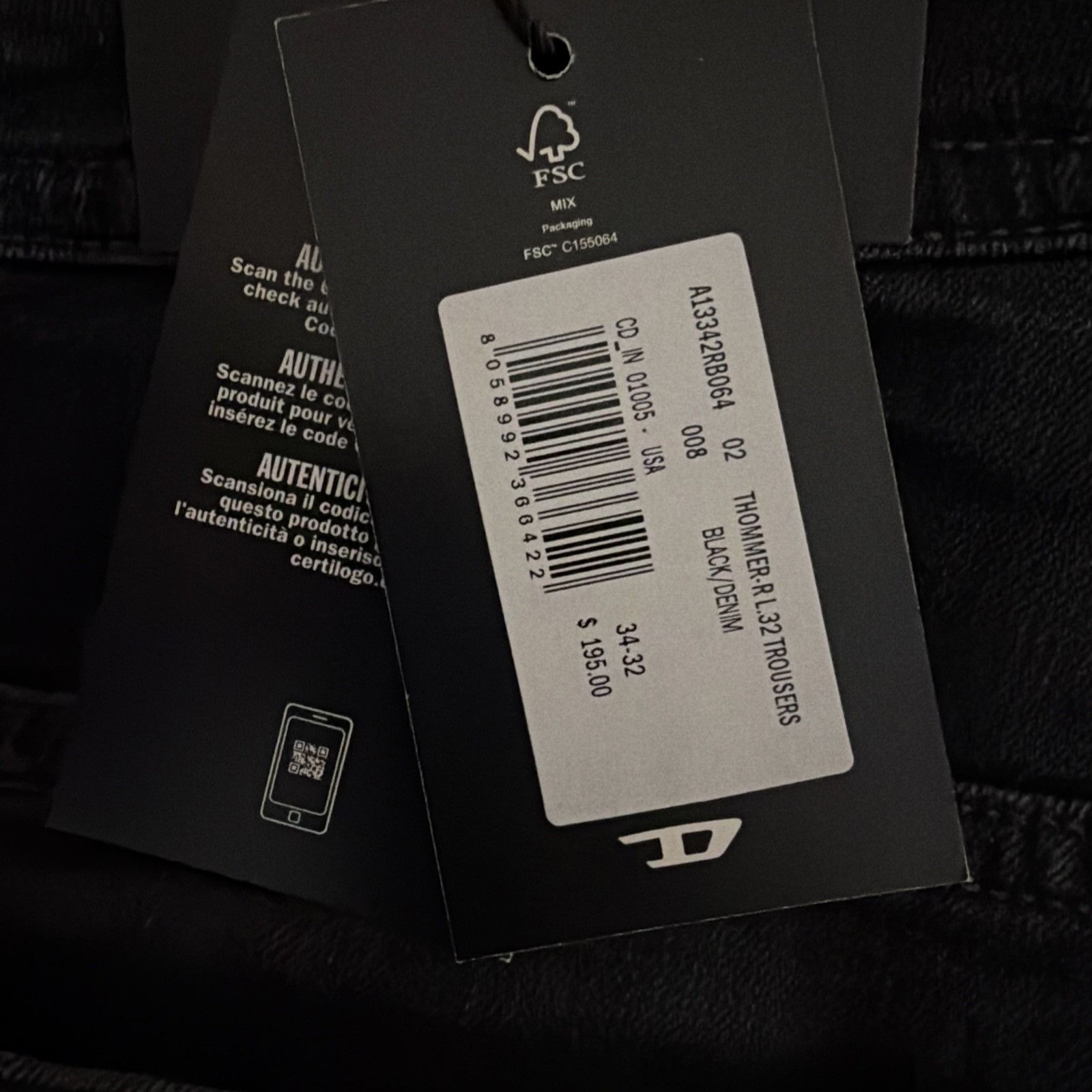 Diesel Diesel Mens Thommer Slim Fit Jeans RB064 Black Size 34/32 Size US 34 / EU 50 - 8 Thumbnail