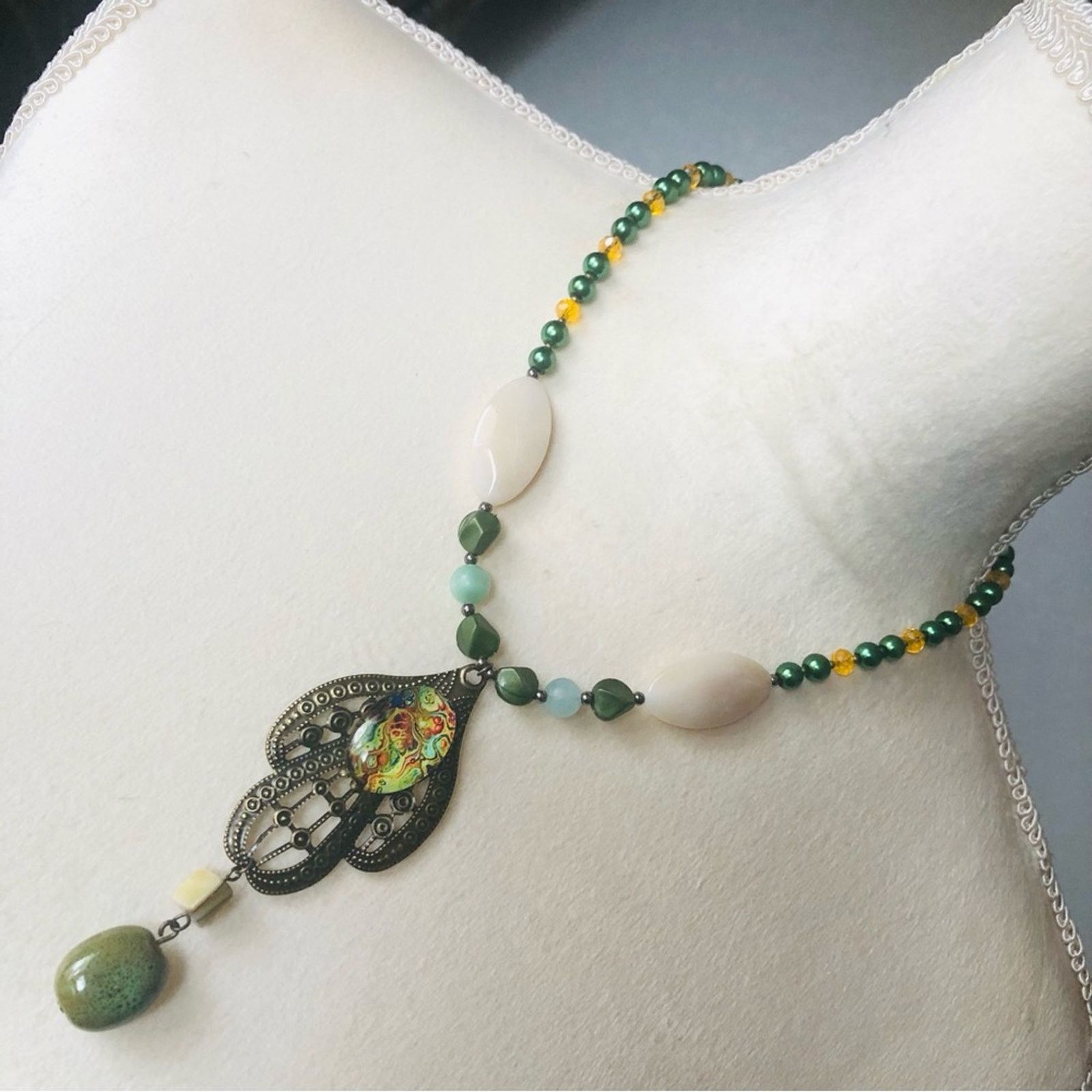 Handmade Handcrafted repurpose cabochon filigree Pearl necklace Size ONE SIZE - 1 Thumbnail