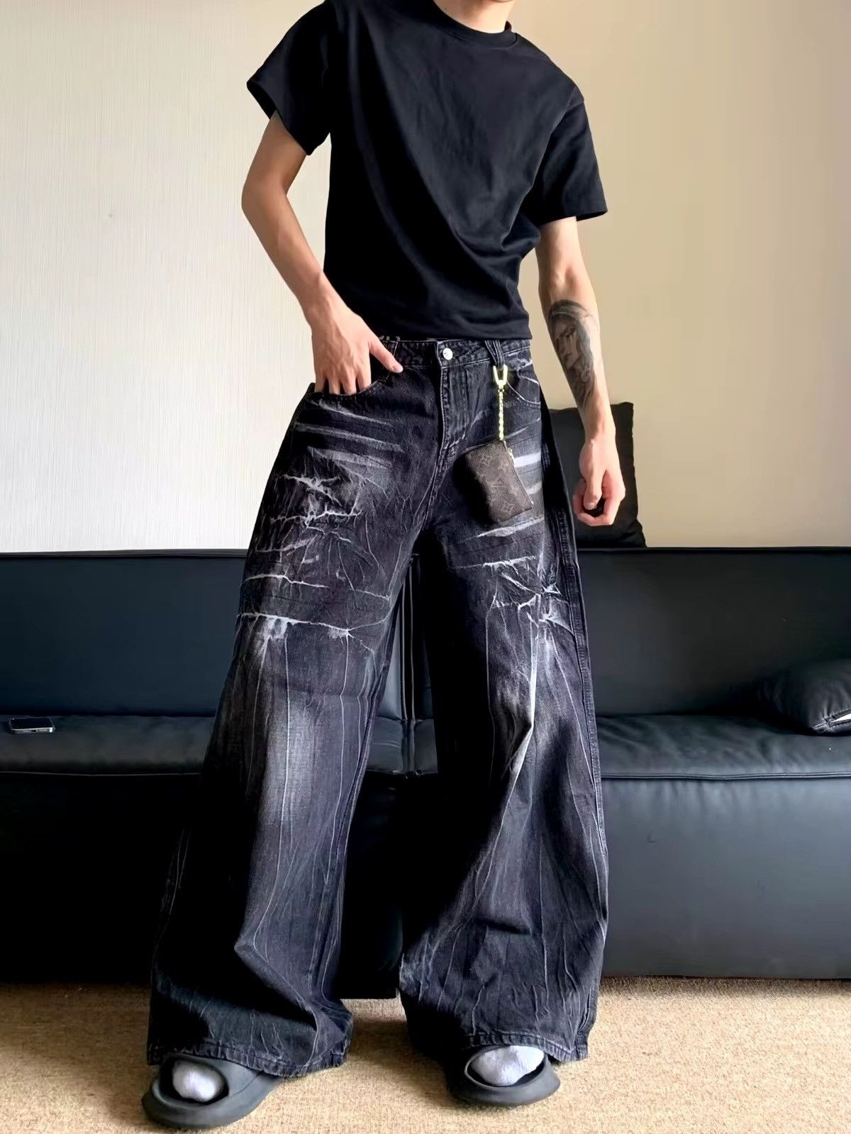 Japanese Brand Vintage washed and distressed graffiti stripe baggy jeans Size US 34 / EU 50 - 2 Thumbnail