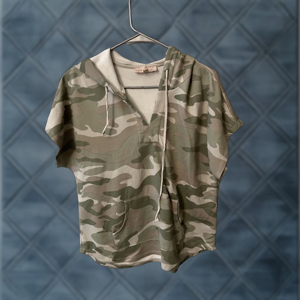 Vintage PHILOSOPHY Green Camo Modal Hooded Cap Sleeve Shirt Large Hoodie Womens Size L / US 10 / IT 46 - 1 Thumbnail