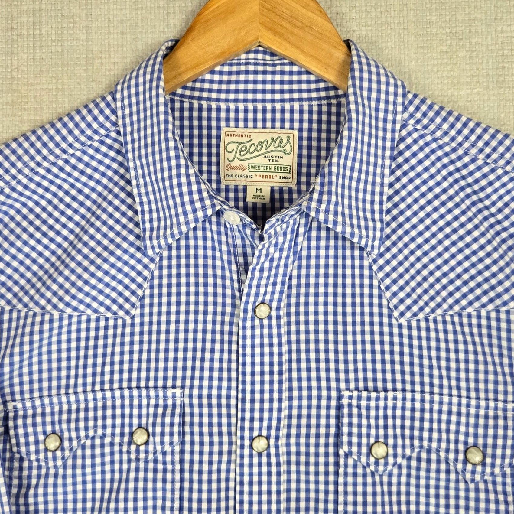 Tecovas Tecovas Austin TX Mens Shirt Long Sleeve Western Pearl Snap Cotton Blue/White Gingham Check Size US M / EU 48-50 / 2 - 4 Thumbnail