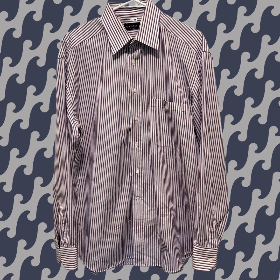 Canali Dress Shirt Mens 16.5 42 Blue Red Striped Button Down Made In Italy, Men's (Size 46r)