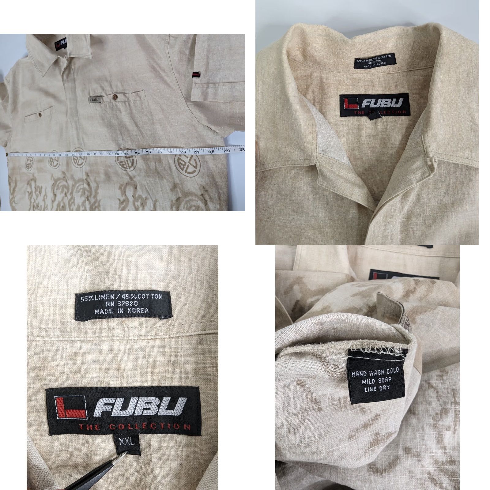 Fubu FUBU Shirt Dragon Beige Linen 2XL Short Sleeve Button-Up Collared Logo Fantasy Print Mens Size US XXL / EU 58 / 5 - 8 Thumbnail