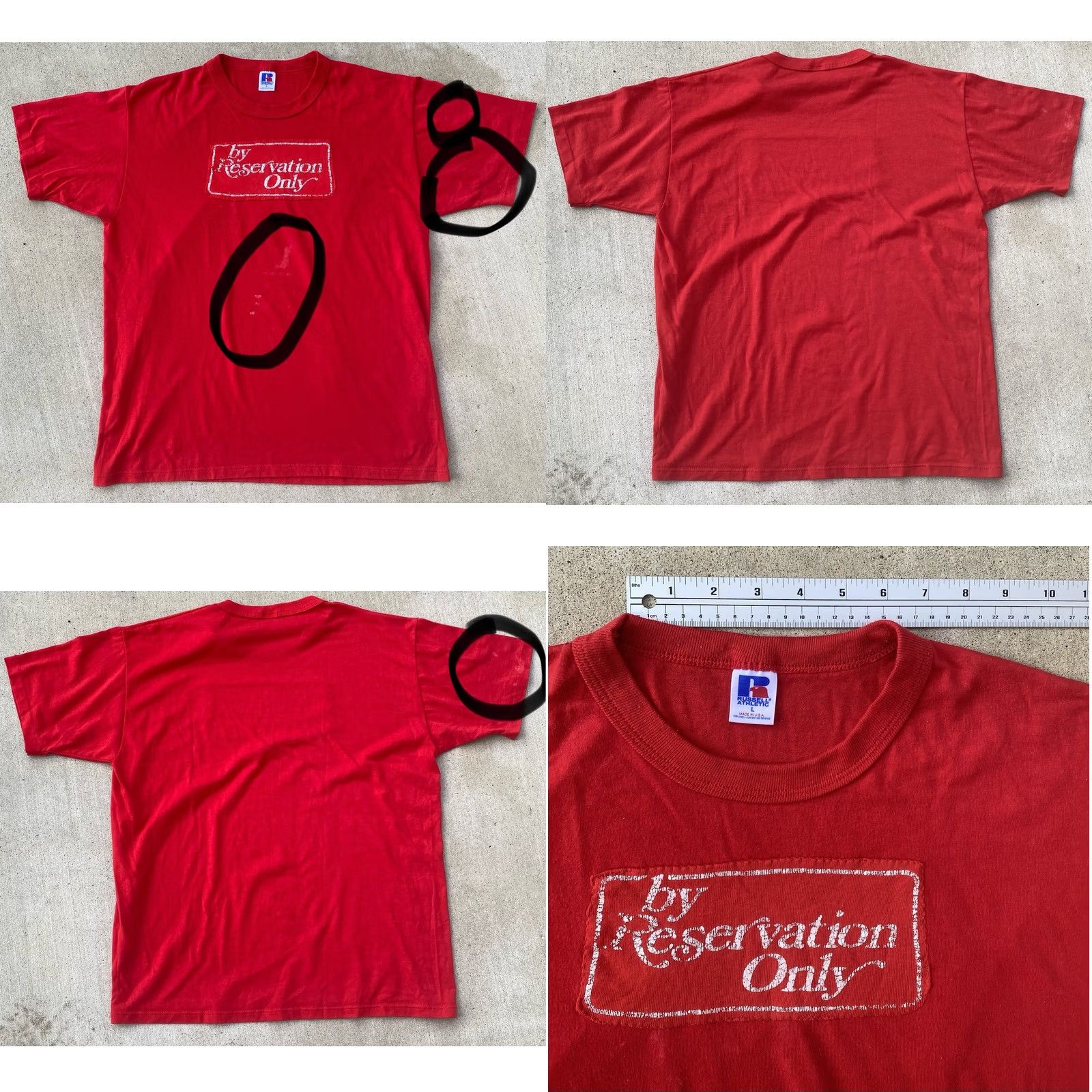 Vintage VINTAGE Russell Athletic By Reservation Only T Shirt Red L Mens 80s 90s Graphic Print Short Sleeve Crew Neck Size US L / EU 52-54 / 3 - 10 Thumbnail