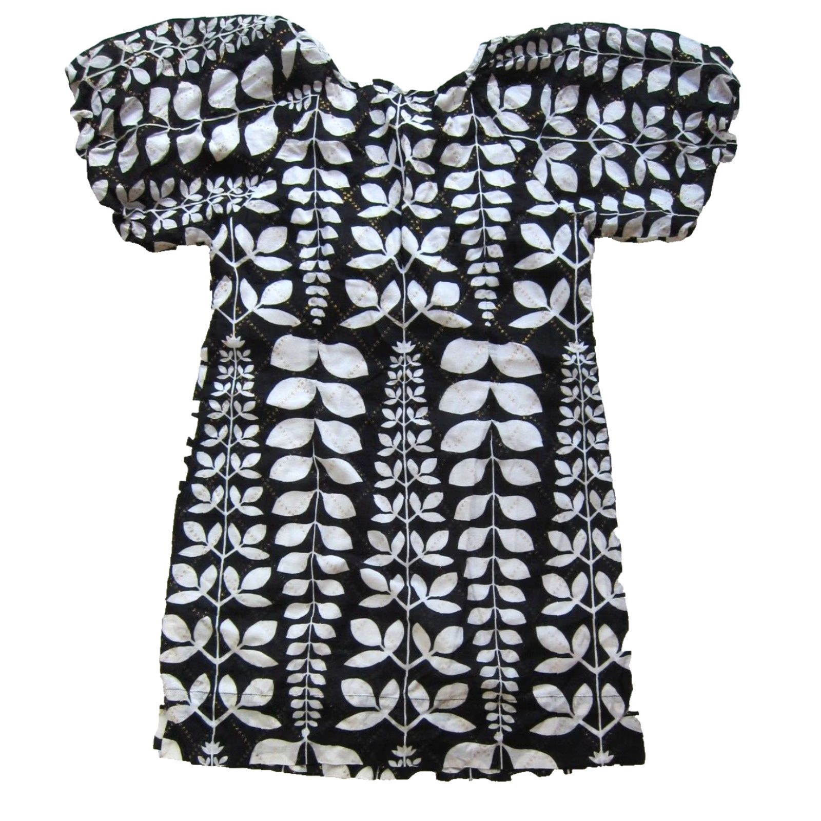 Vintage Chaudry KC Black White Gold Floral Puff Sleeve V-Neck Tunic Smock Dress Small Size S / US 4 / IT 40 - 2 Thumbnail