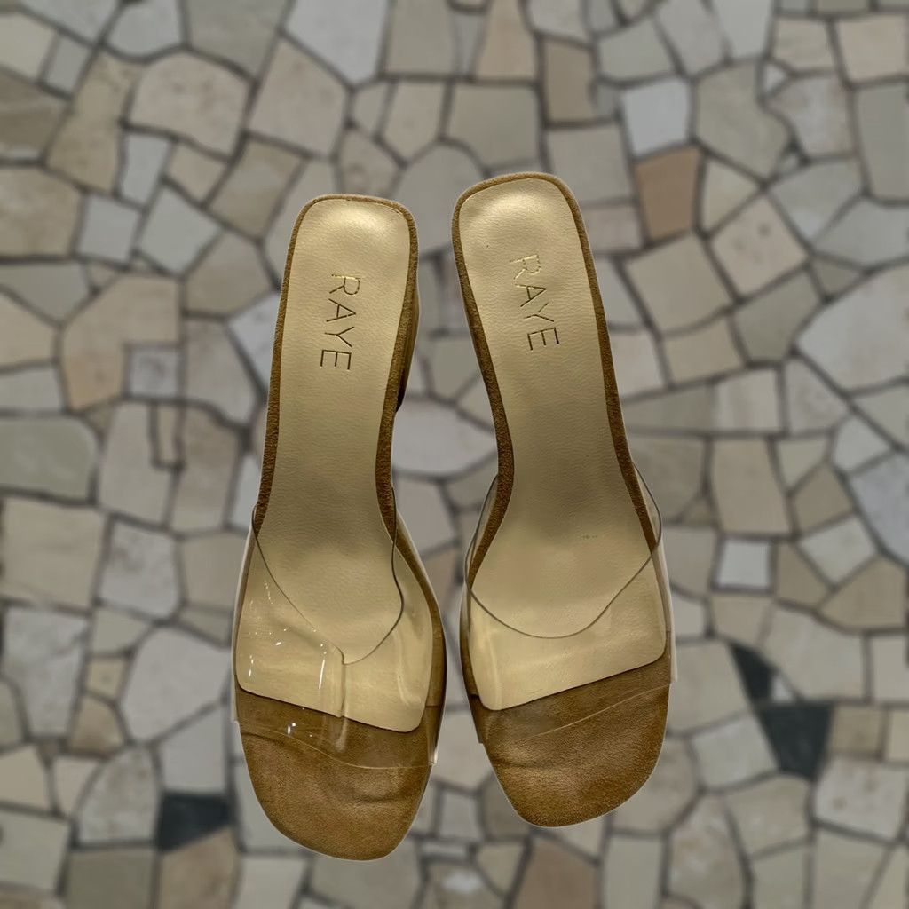 Vintage Raye Block Heel Mule Sandals Womens 8.5 Clear Tan Suede Slip-On Open Toe Brown 3-inch #5844 Size US 9 / IT 39 - 1 Thumbnail