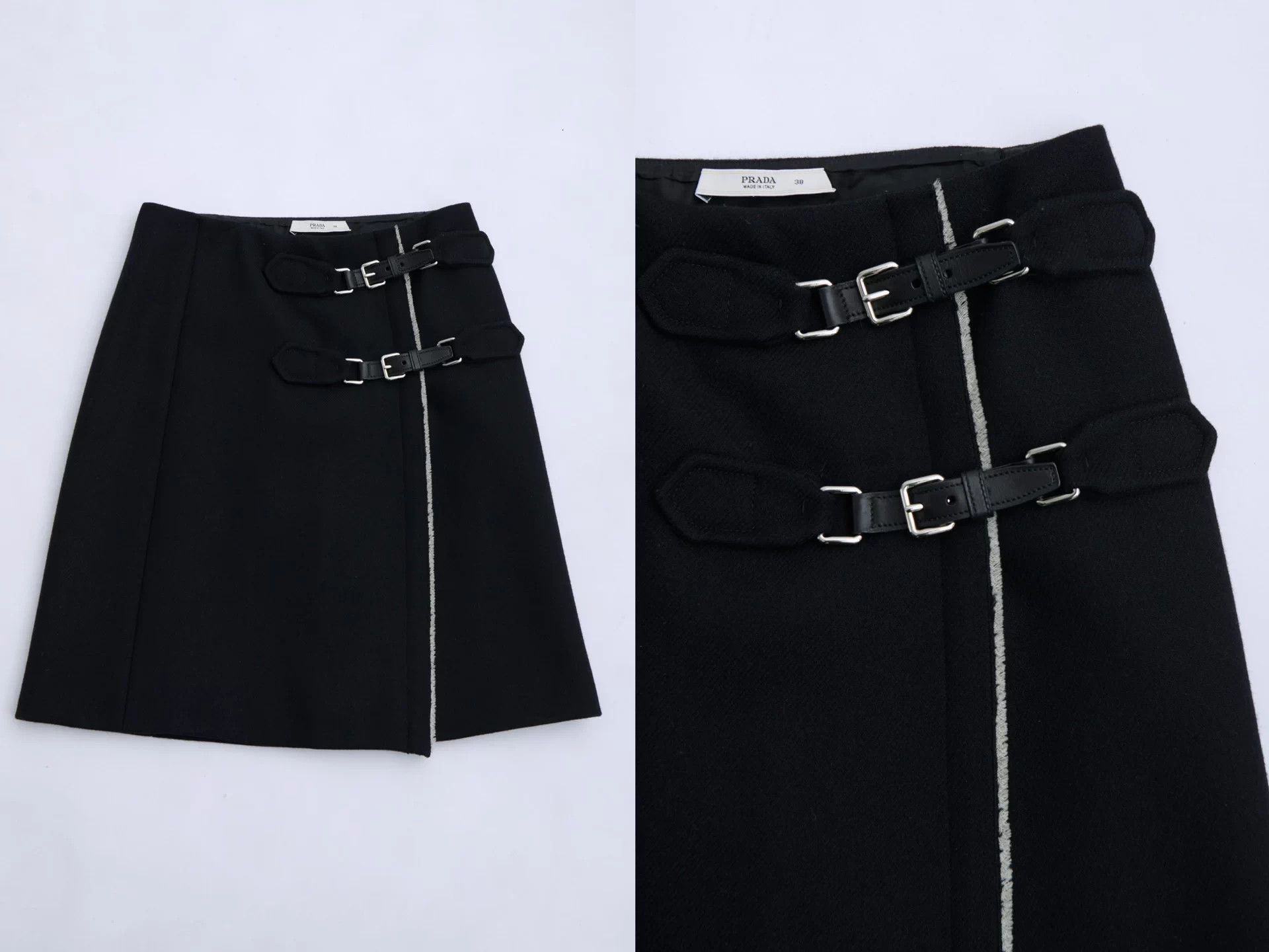 Prada Prada 00s Black Wool Double Belt Buckle A-Line Skirt Size 27" / US 4 / IT 40 - 7 Thumbnail