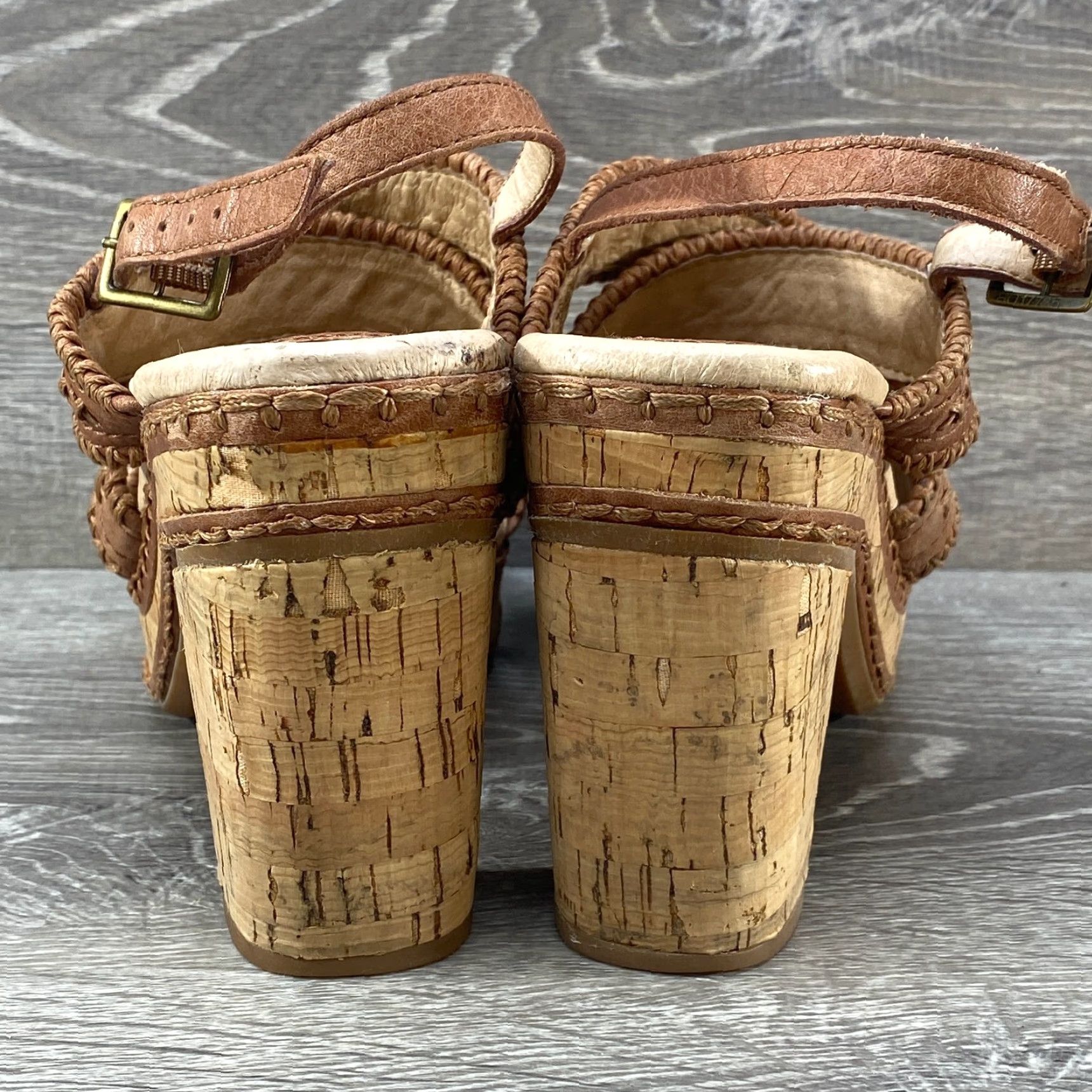Fossil Fossil Brown Leather Braided Knit Cork 3" Heel Sandal Boho Western Buckle 7.5 Size US 6 / IT 36 - 6 Thumbnail