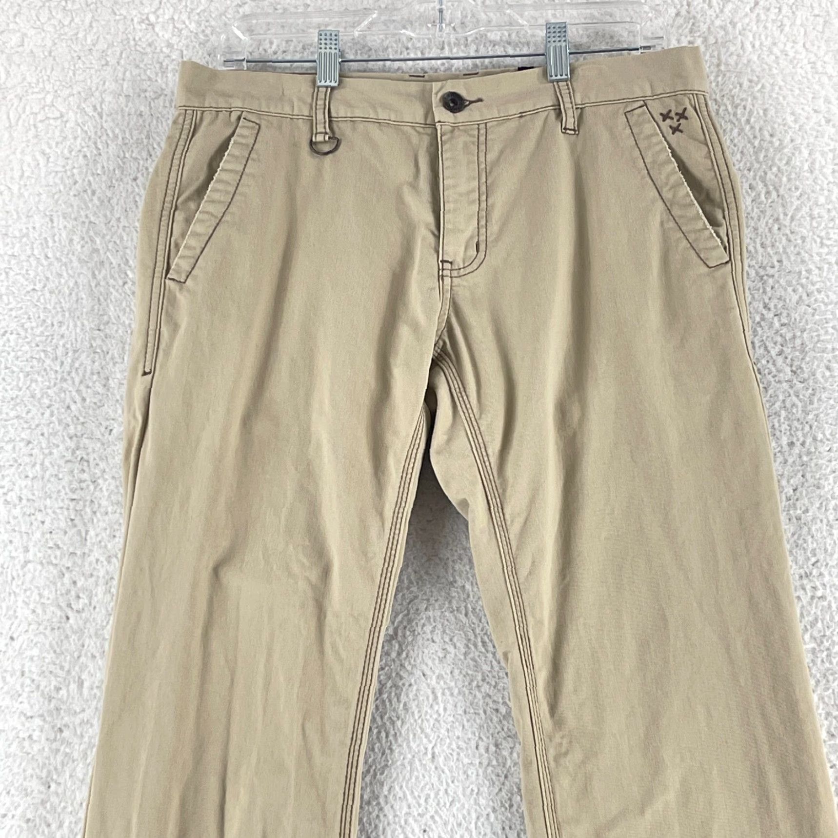 Vintage XXX Rude Beige Khaki Chino Skinny Pants Mens Casual Work Wear 30x32 Regular Flat Front Button Zip 10204 Size US 30 / EU 46 - 2 Thumbnail