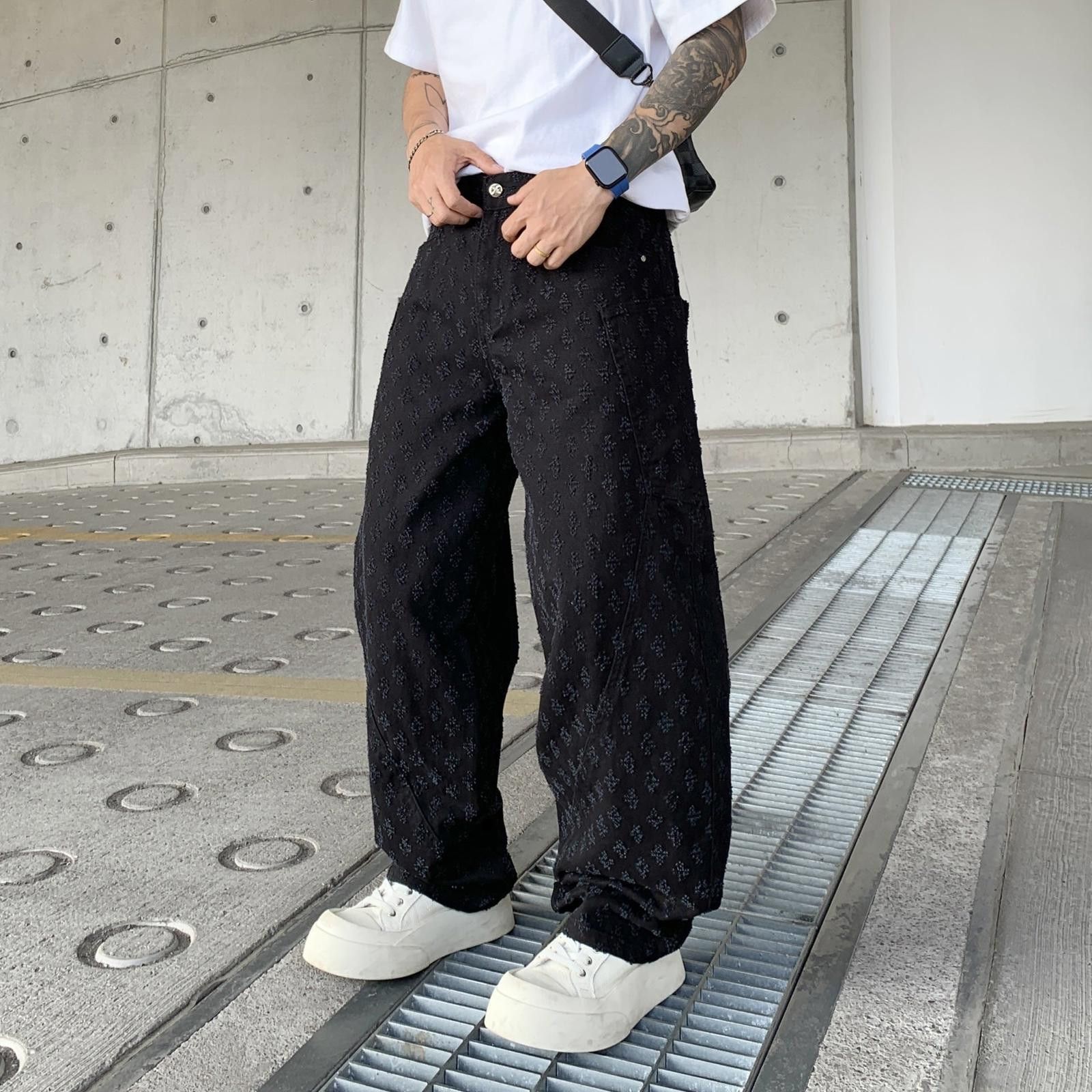Black All Over Monogram Embroidery Baggy Jeans