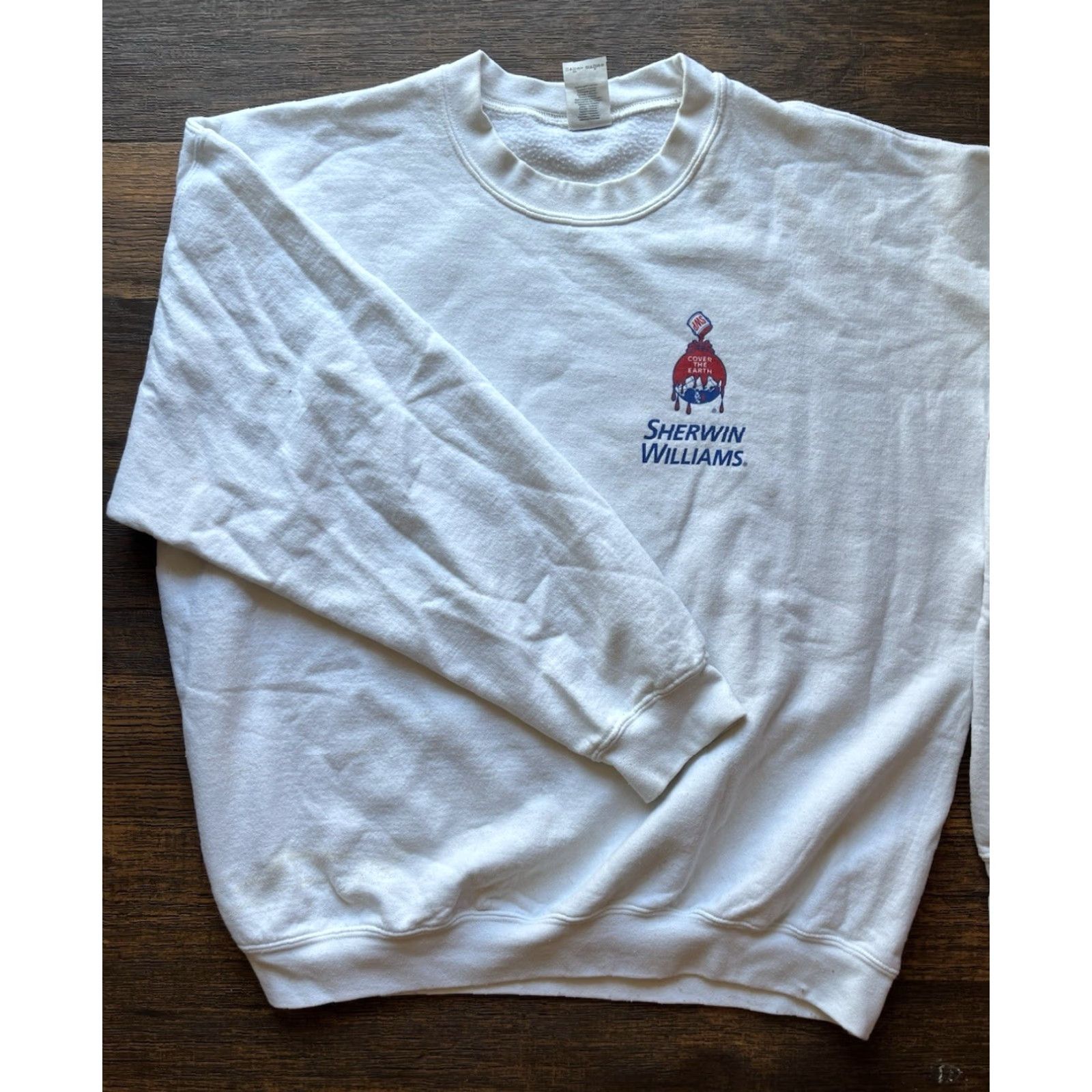 Gildan Men's Sherman Williams Sweatshirt White Spell-Out XL PILLING Crew Workwear Paint Size US XL / EU 56 / 4 - 6 Thumbnail
