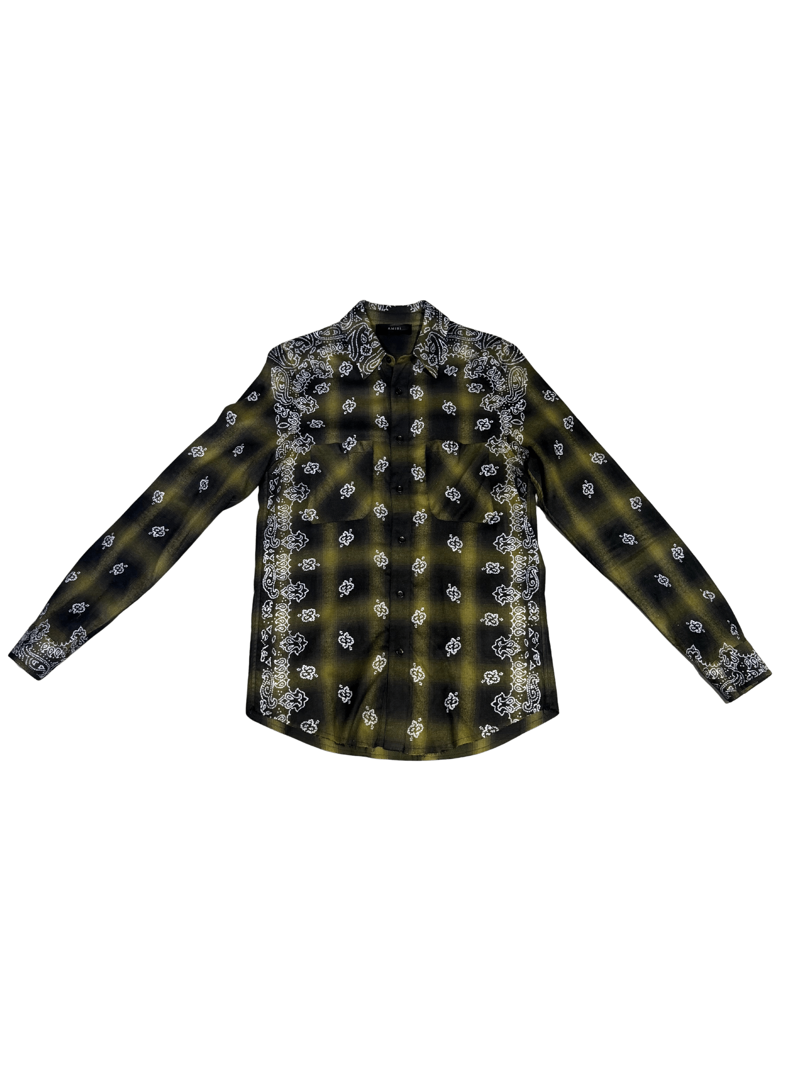 AMIRI Bandana Flannel Shirt Green Black Plaid Paisley Size M