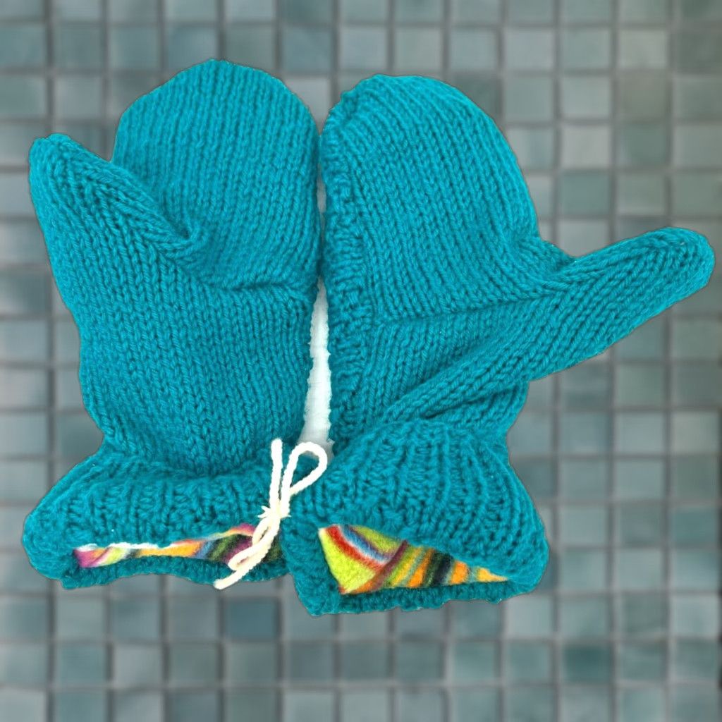 Altea Gwynne HANDMADE Mittens Women L Teal Recycled Acrylic Knit Fleece Lining Size L / US 10 / IT 46 - 1 Thumbnail