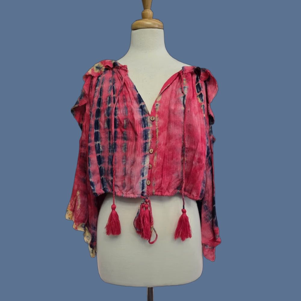 Vintage VINTAGE Shop Neighbor Cropped Blouse Shirt Womens Tie Dye Pink 3/4 Sleeve V-Neck Bell Ruffle Tassel Boho Beach Hippie Summer Spring Fall Size S / US 4 / IT 40 - 1 Thumbnail