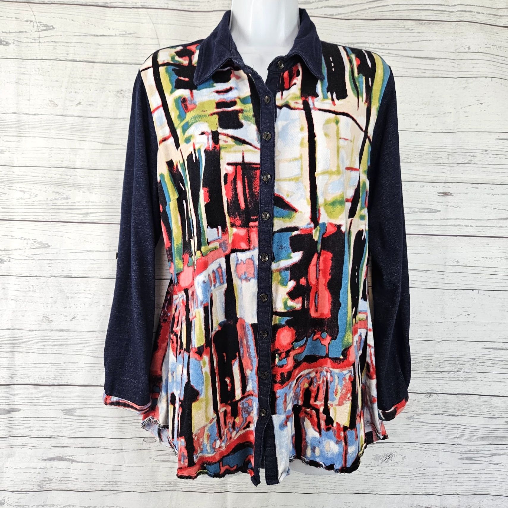 Vintage Parsley & Sage Womens Button-Up Top Sz Large Blue Red Long Sleeve Cotton Blend Shirt Womens L Blue Red 90s Fashion Clothes Size L / US 10 / IT 46 - 2 Thumbnail