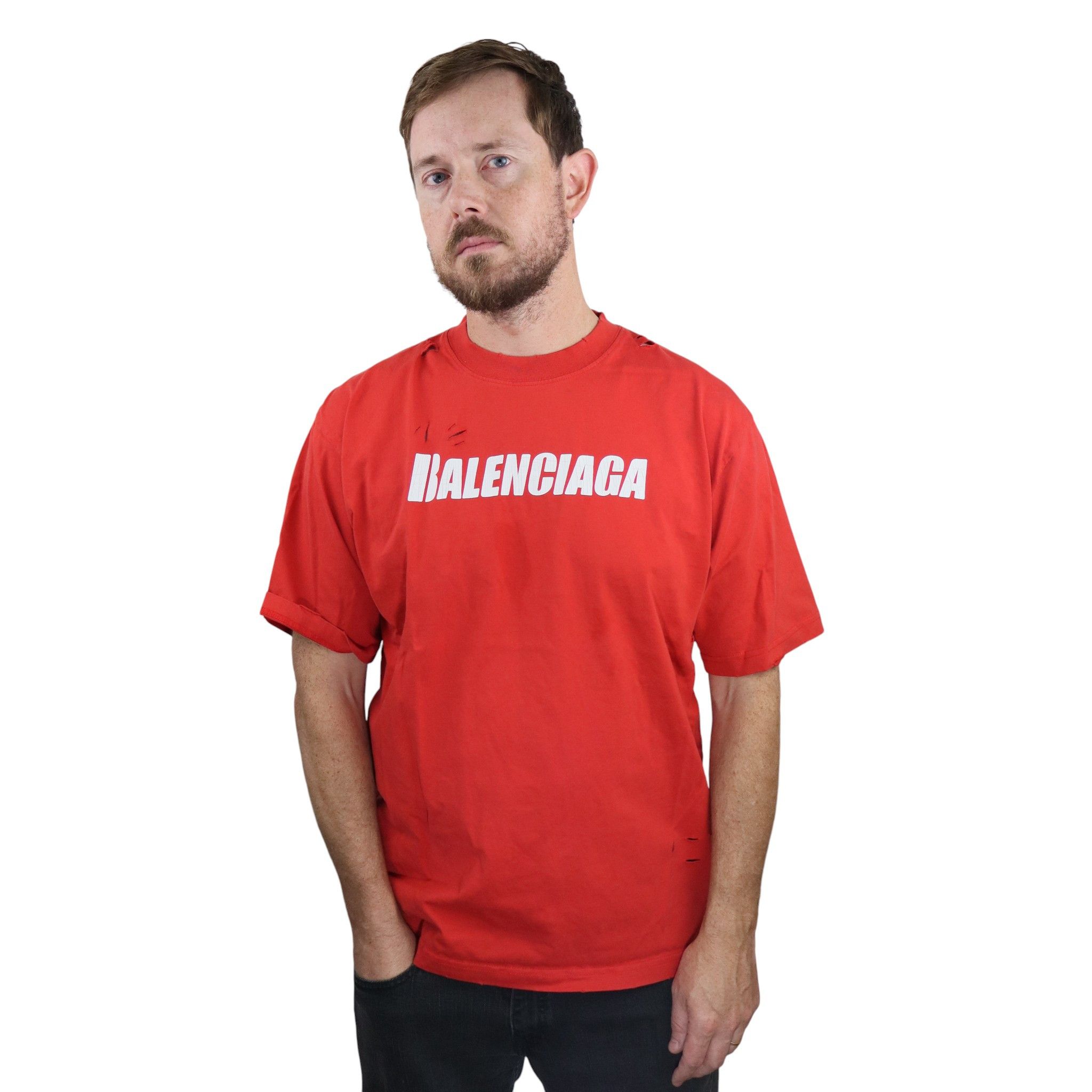 Balenciaga Caps Destroyed Flatground T-Shirt Red M
