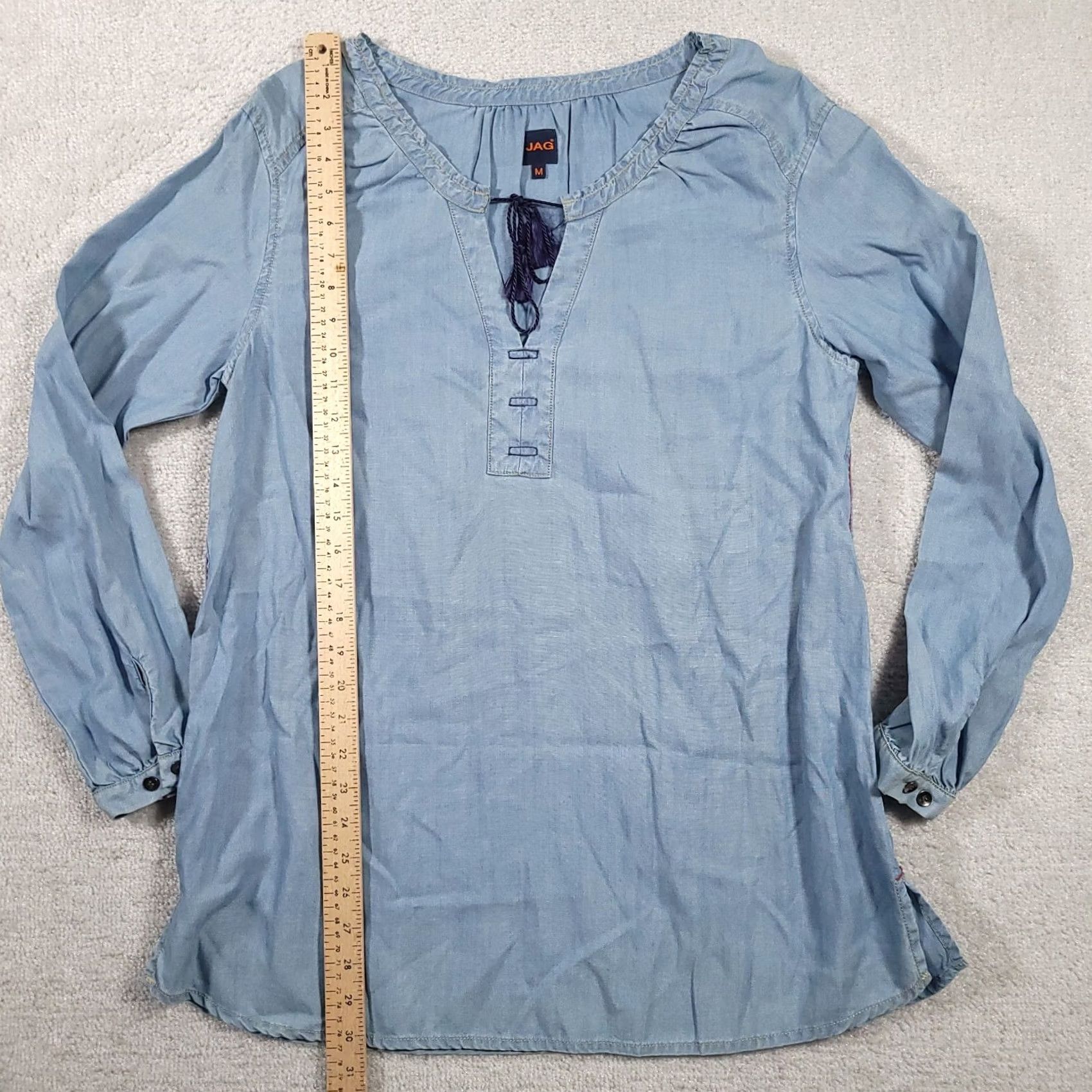 Vintage JAG Chambray Tassled V-Neck Long Sleeve Shirt Womens Medium Blue Size M / US 6-8 / IT 42-44 - 6 Thumbnail