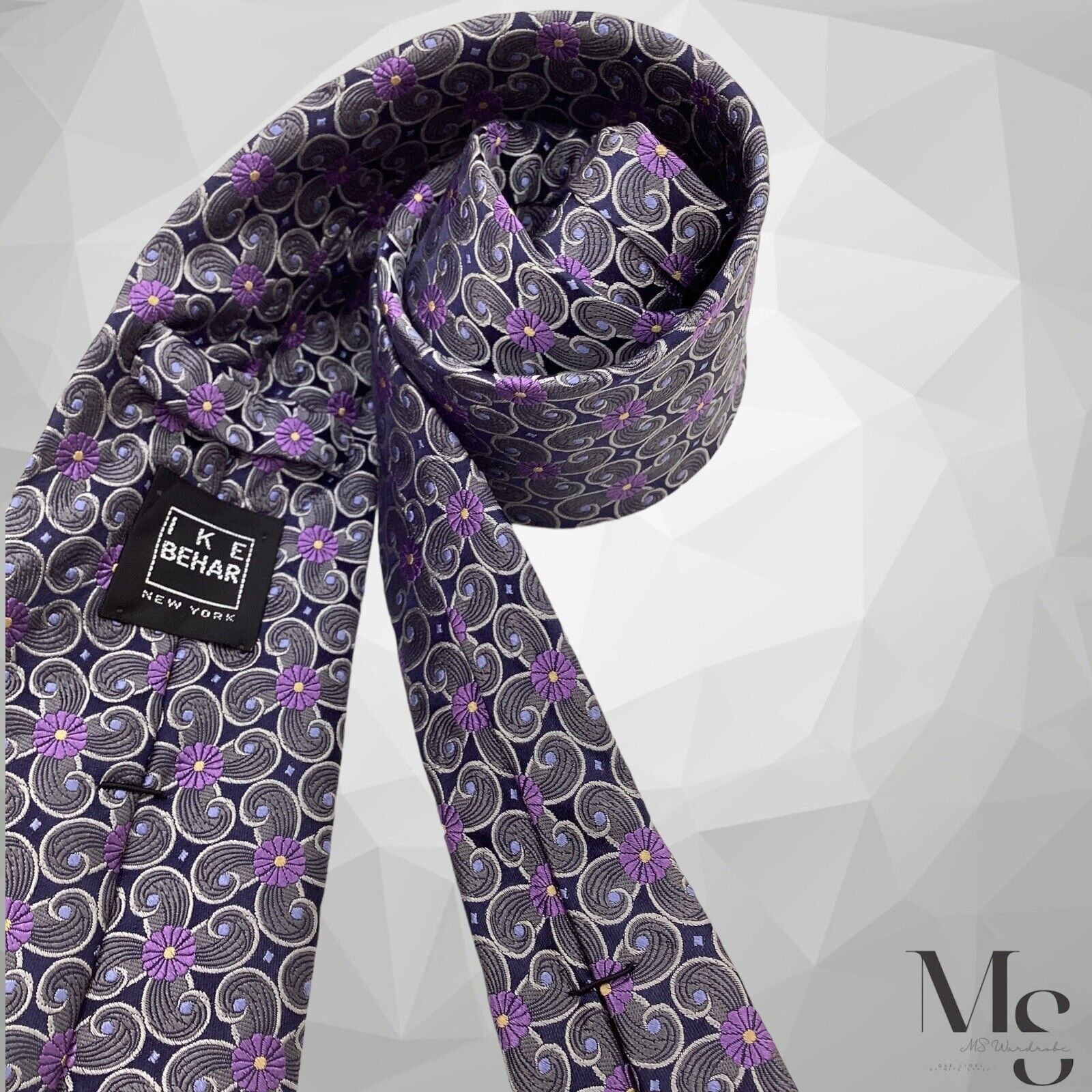 Ike Behar IKE BEHAR Gray Floral Luxury Silk Tie H.Made In USA W:3.5" Size ONE SIZE - 4 Thumbnail