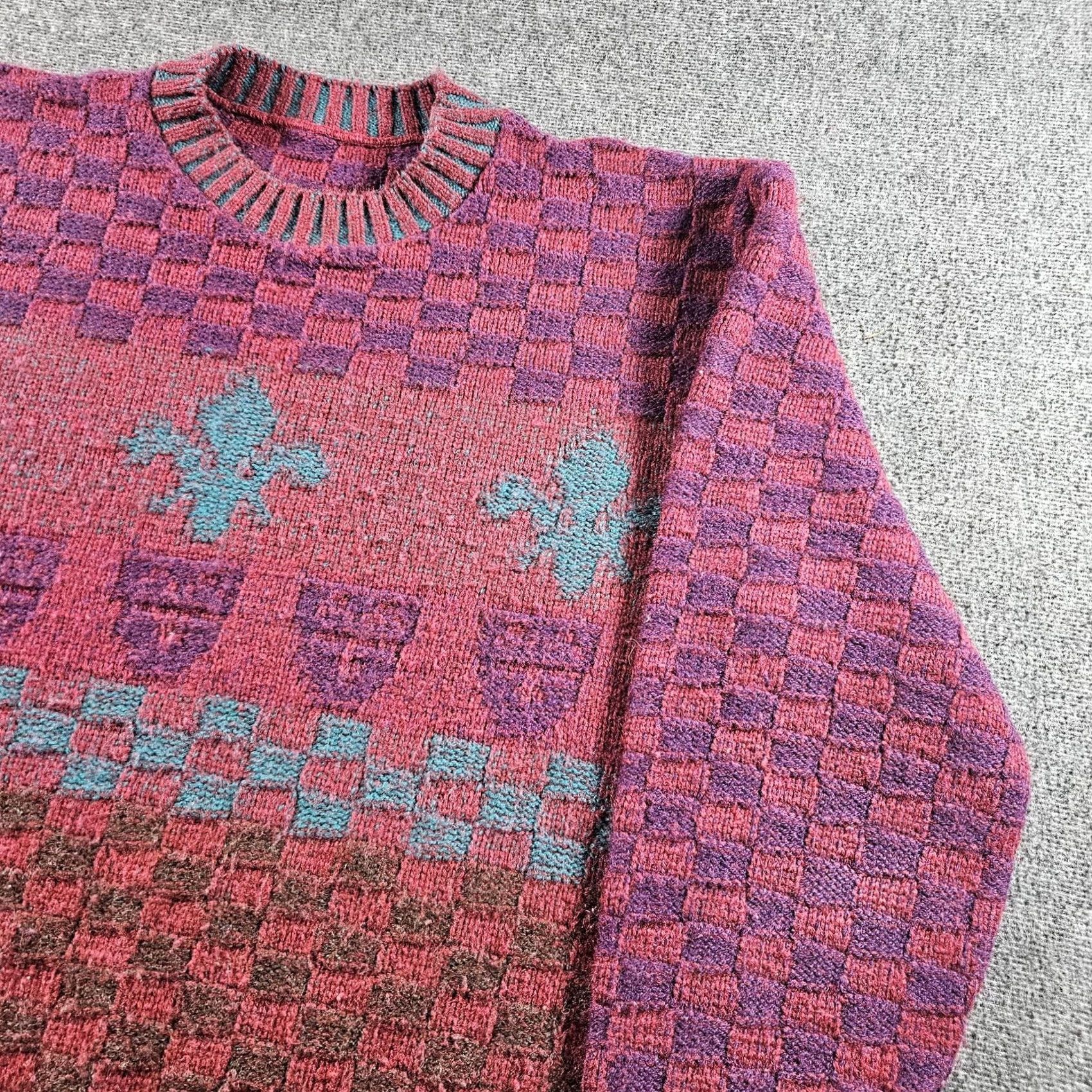 Vintage VINTAGE Geometric Sweater Mens XL Purple Teal Wool Blend Fleur De Lis 80s Sweater Crew Neck Knit Check Pullover Mens Pand Size US XL / EU 56 / 4 - 2 Thumbnail