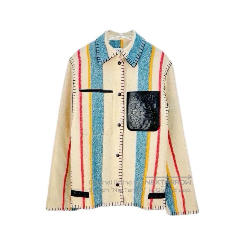 Loewe LOEWE Khaki Vertical Striped Classic Leather Logo Wool Coa Size 4XL / US 24-26 - 1 Thumbnail