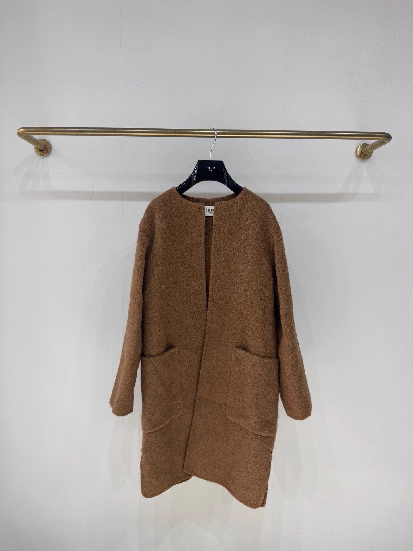 Celine Camel Alpaca Wool Coat Leather Trim 34