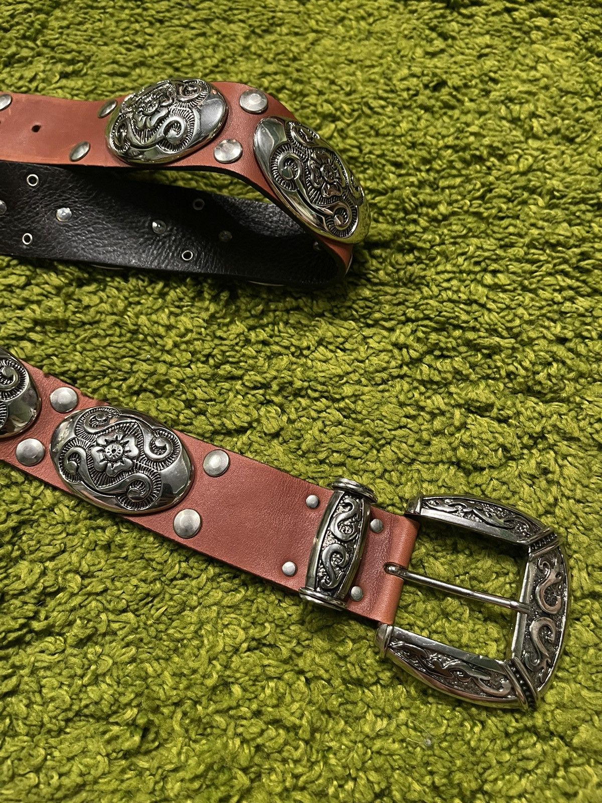 Cowboy Equipment × Genuine Leather × Vintage Nanni western cowboy style chrome plated leather belt Size 32 - 2 Thumbnail
