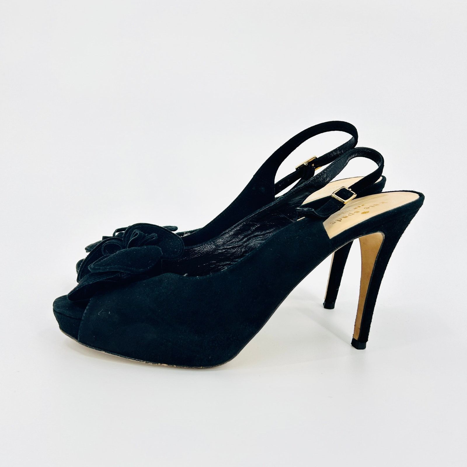 Kate Spade Black Genuine Suede Leather Rosette Platform Slingback Heels Size US 9 / IT 39 - 5 Thumbnail
