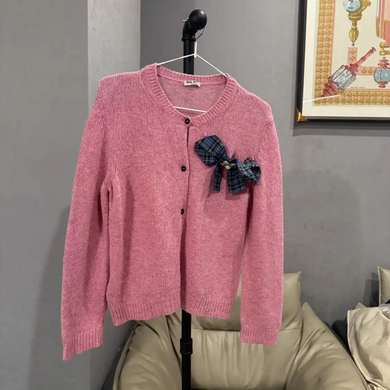 Miu Miu Pink Wool Blend Cardigan with Bow 0089