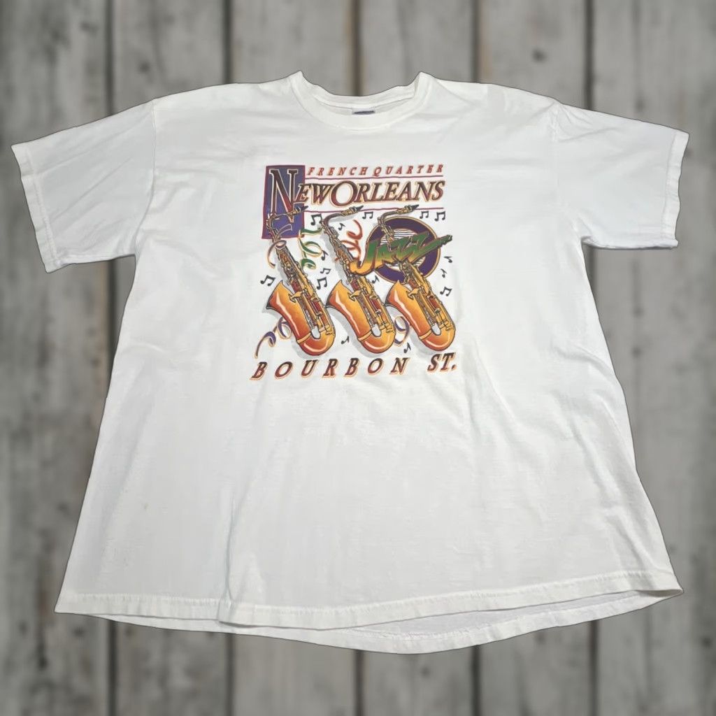 Vintage VINTAGE New Orleans Men T-Shirt XL White French Quarter Jazz Bourbon St Sax Shirt Crew Neck Short Sleeve Cotton Knit Music Size US XL / EU 56 / 4 - 1 Thumbnail
