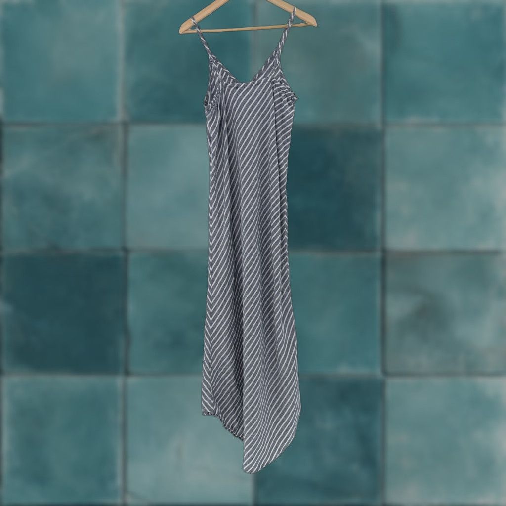 Vintage Artisan Striped Maxi Dress Gray White Linen Asymmetric Hem Size 12 Sleeveless V-Neck Strappy Sleeve Pullover Casual Beach Summer Spring 12 Womens Size XL / US 12-14 / IT 48-50 - 1 Thumbnail