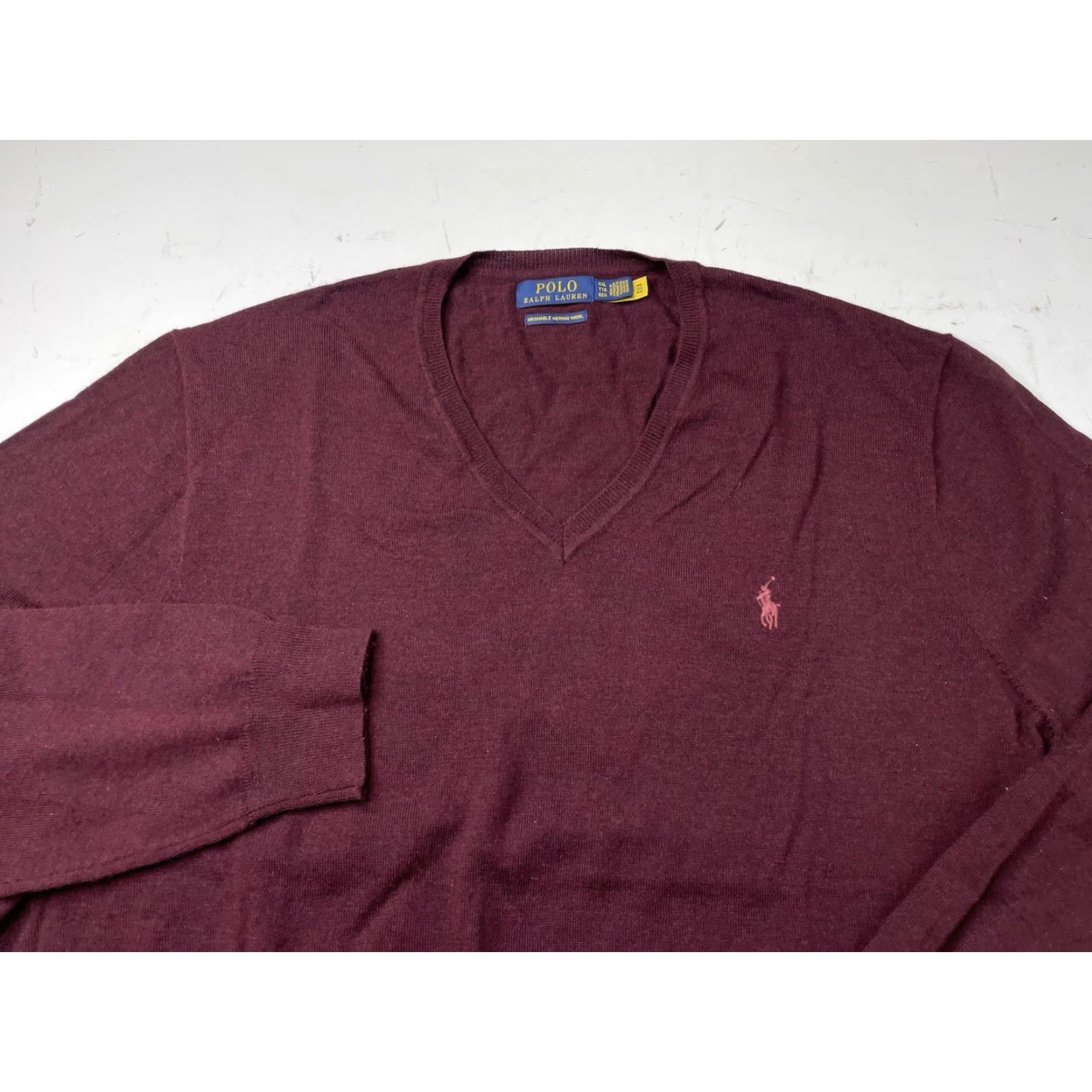 Polo Ralph Lauren VINTAGE Polo Ralph Lauren Sweater Pullover V-Neck Burgundy Men 2XL Wool Merino Knit Regular Size US XXL / EU 58 / 5 - 2 Thumbnail