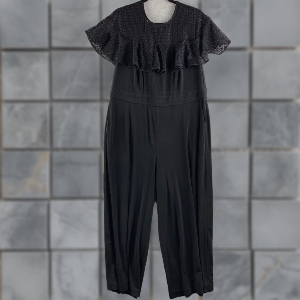 Vintage Lane Bryant Romper Womens 14 Black Wide Legged Crochet One Piece Pockets Casual Size 36" / US 14 / IT 50 - 1 Thumbnail