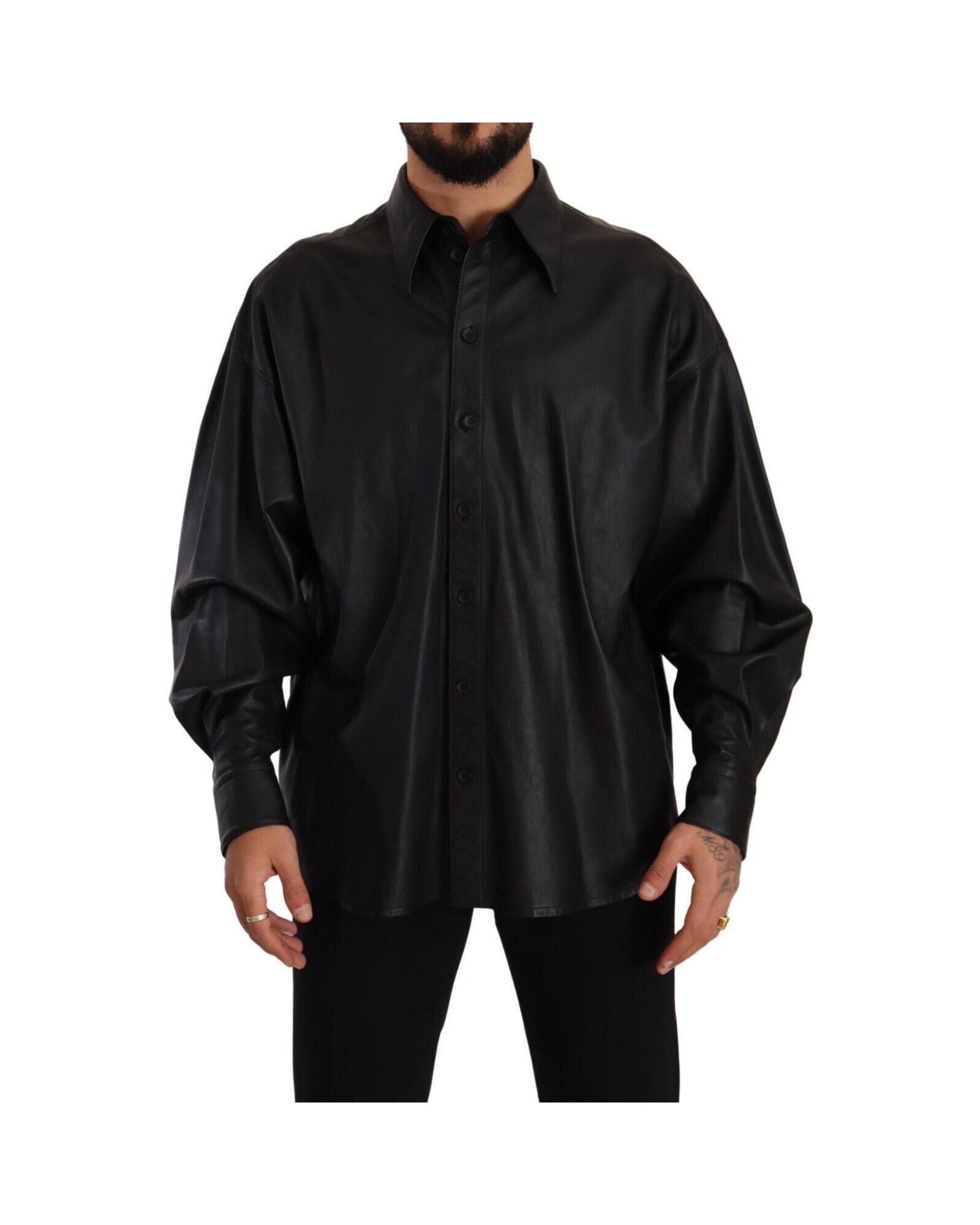 Image of Dolce Gabbana Button Down Leather Collared Jacket in Black, Men's (Size XL)