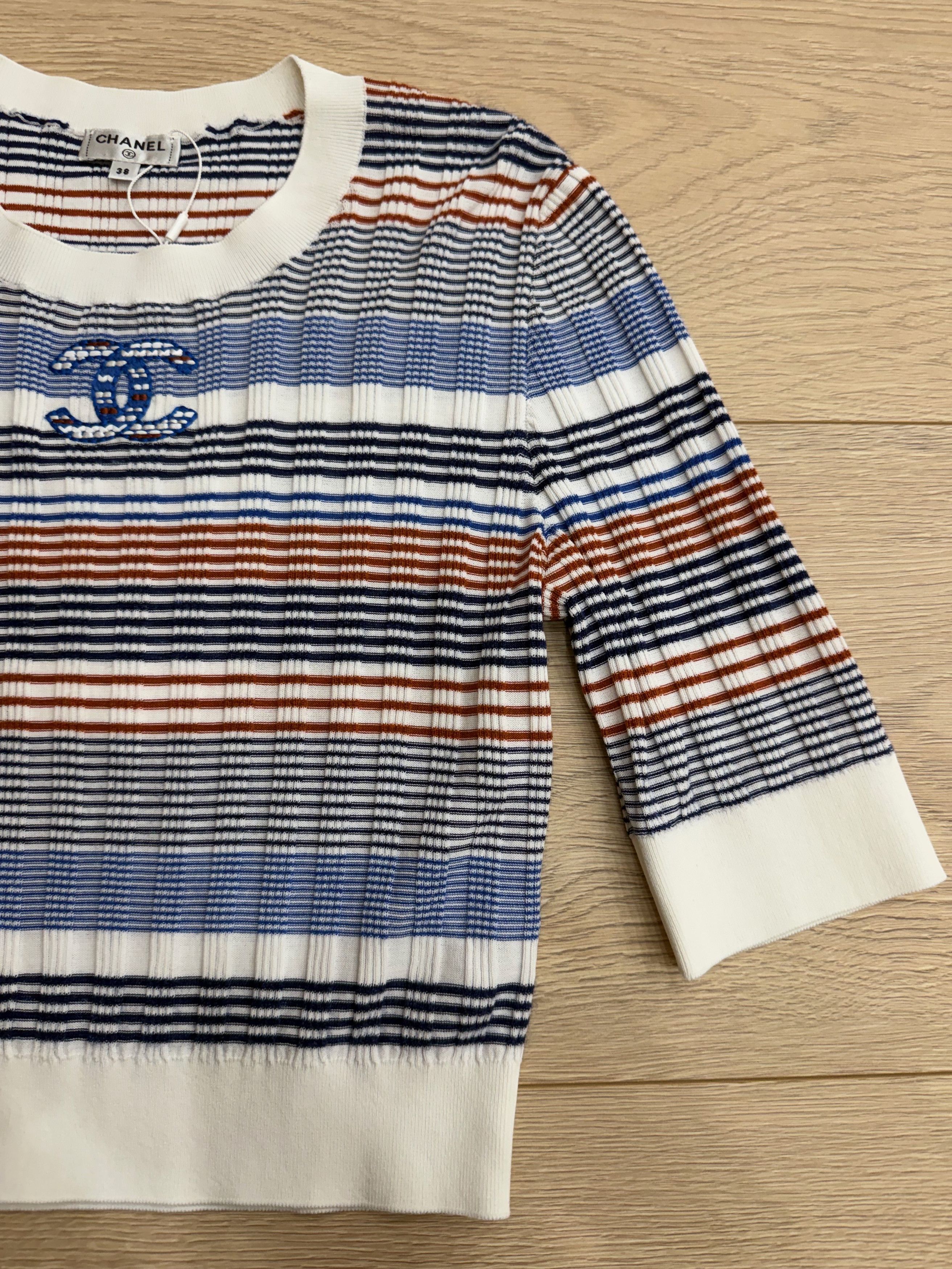 Chanel 21C White Orange Striped CC Logo Top Short Pullover Shirt 38 Size XS / US 0-2 / IT 36-38 - 4 Thumbnail