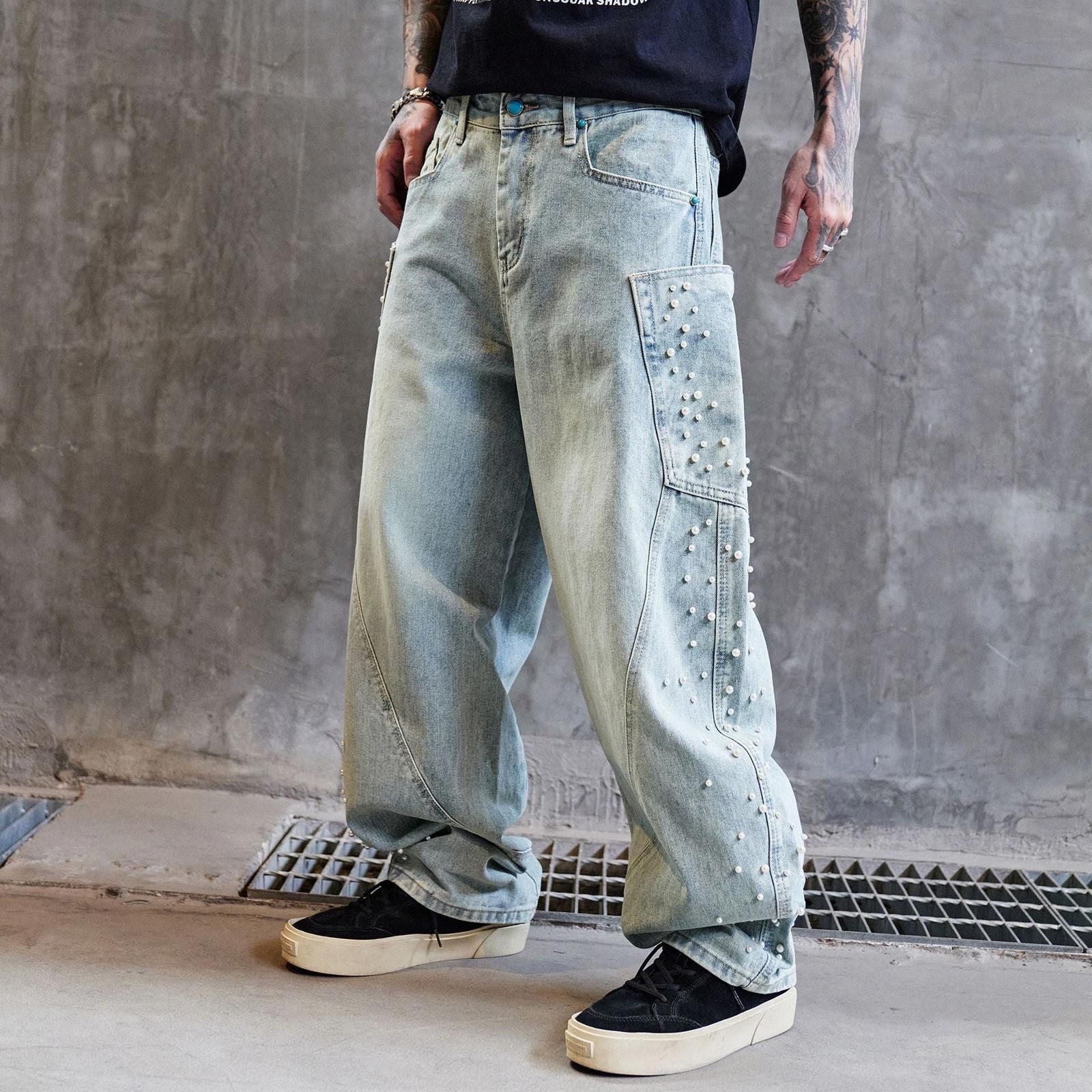 Japanese Brand Light Wash Relaxed Fit Pearl Embellished Jeans Size US 32 / EU 48 - 2 Thumbnail