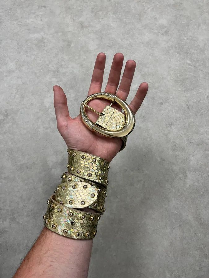 Roberto Cavalli 2000s Cavalli Golden Crocodile Effect Leather Belt Size ONE SIZE - 2 Thumbnail
