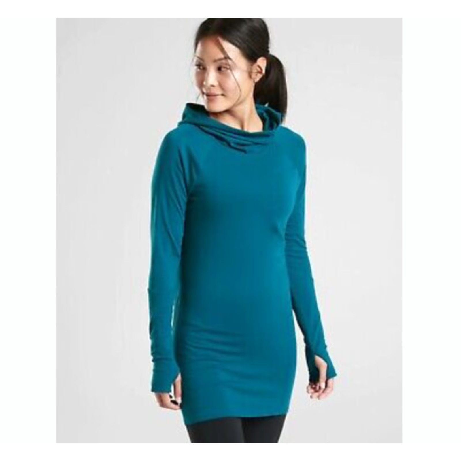 Athleta Athleta Hooded Tunic - Cowlneck, Teal Essence, S, Women, Activewear, Pullover, Long Sleeve, Thumbholes Size ONE SIZE - 2 Thumbnail