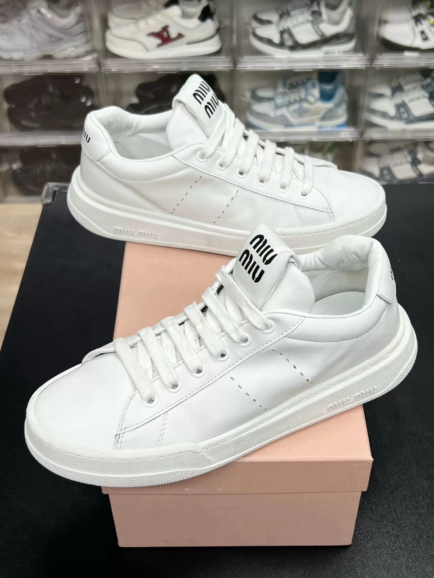 Miu Miu MIU MIU White Distressed Leather Low-Top Sneaker 37.5 Size US 7 / IT 37 - 1 Thumbnail