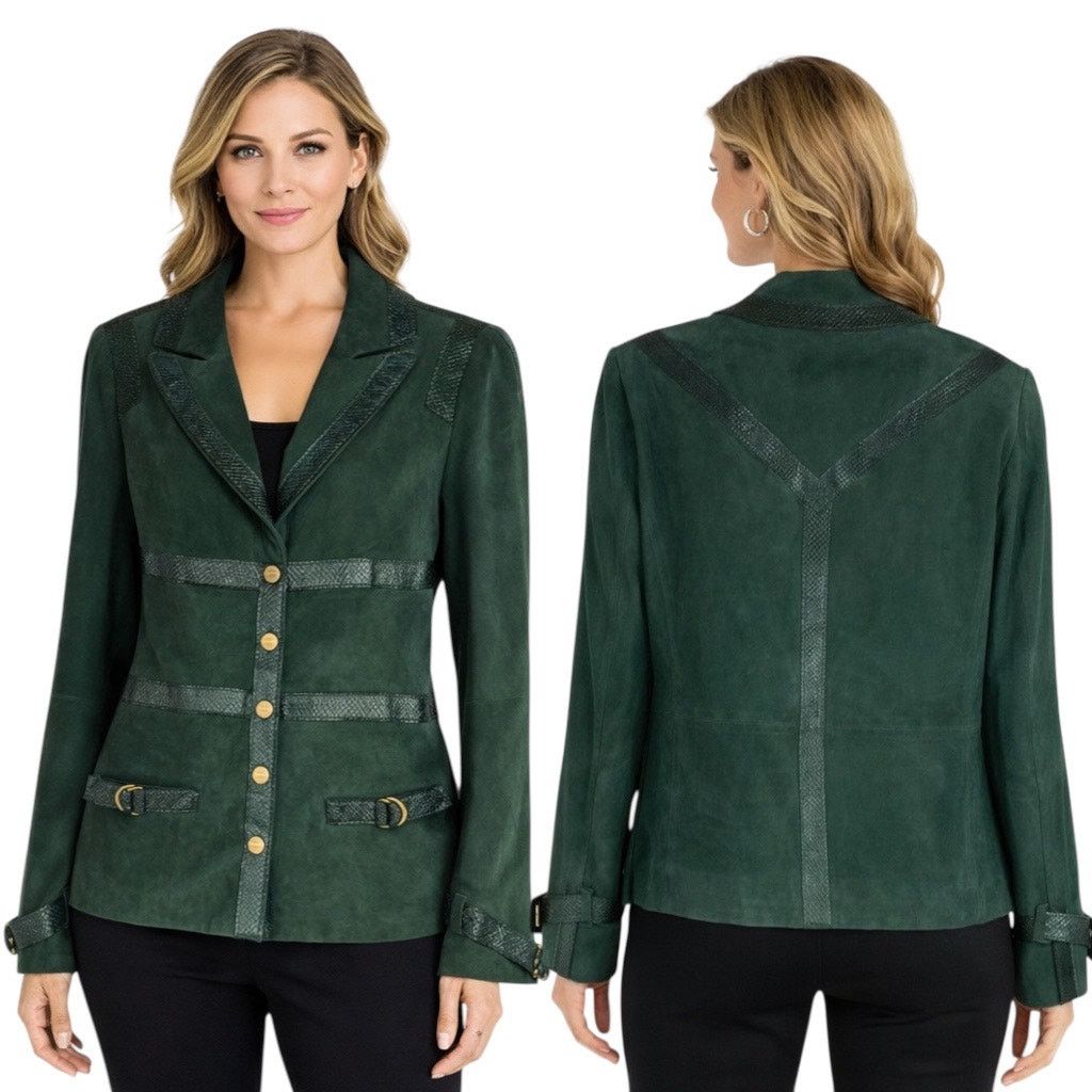 Worth NY Snake Leather Trim Suede Jacket Green Size 4, Women's