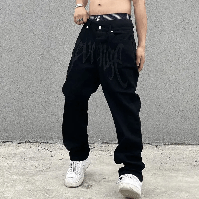 Japanese Brand Retro Black Embroidered Letter Jeans Size US 30 / EU 46 - 4 Thumbnail