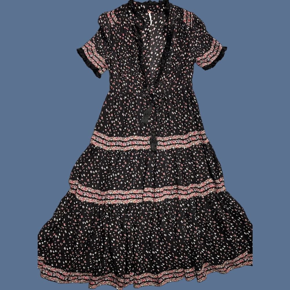 Free People Free People Dress Maxi Bohemian Print Floral Black XS Short Sleeve Button Layered Vintage No Size XS / US 0-2 / IT 36-38 - 1 Thumbnail