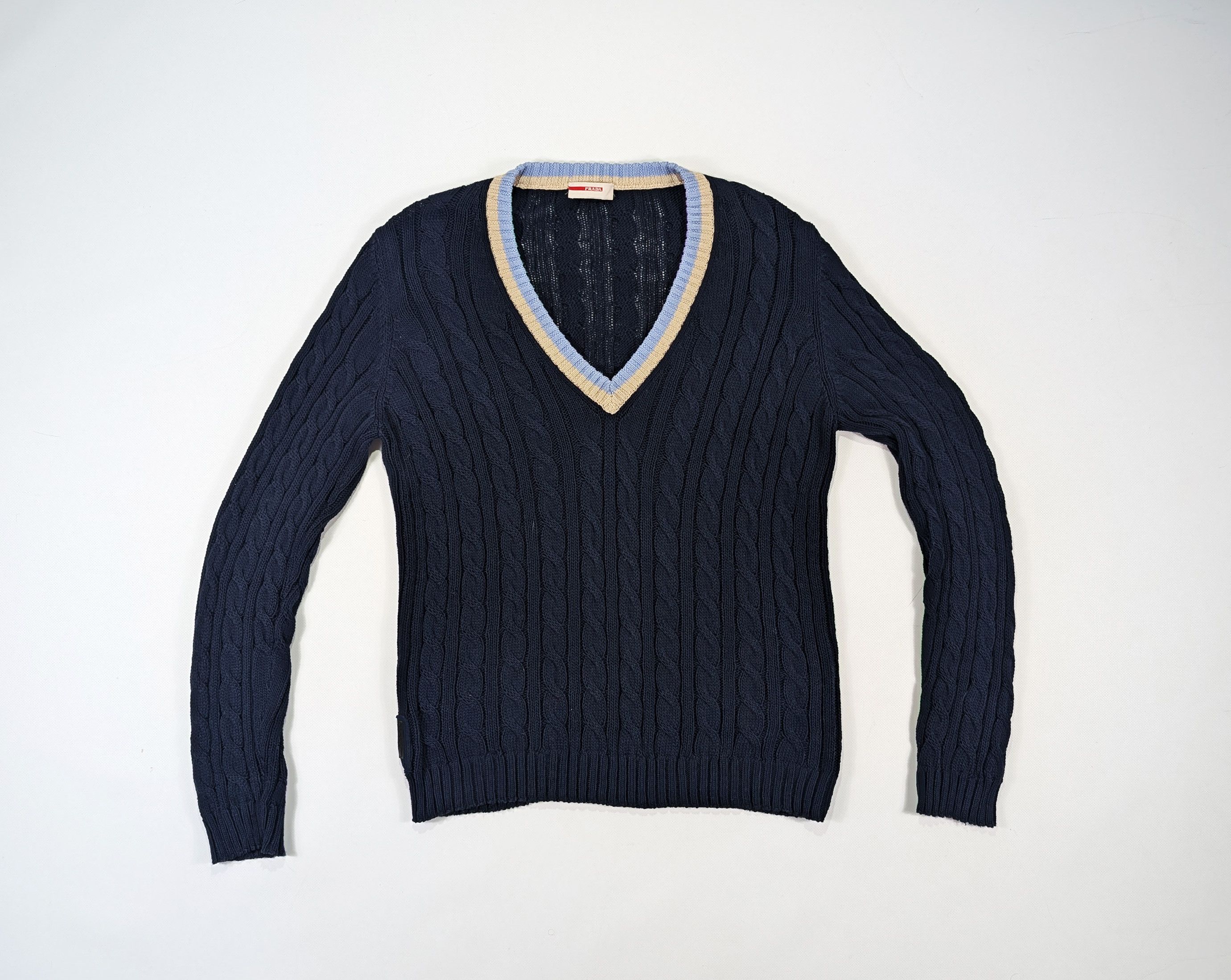 Prada Black Tab Cable Knit V-Neck Cotton Pullover Size 52