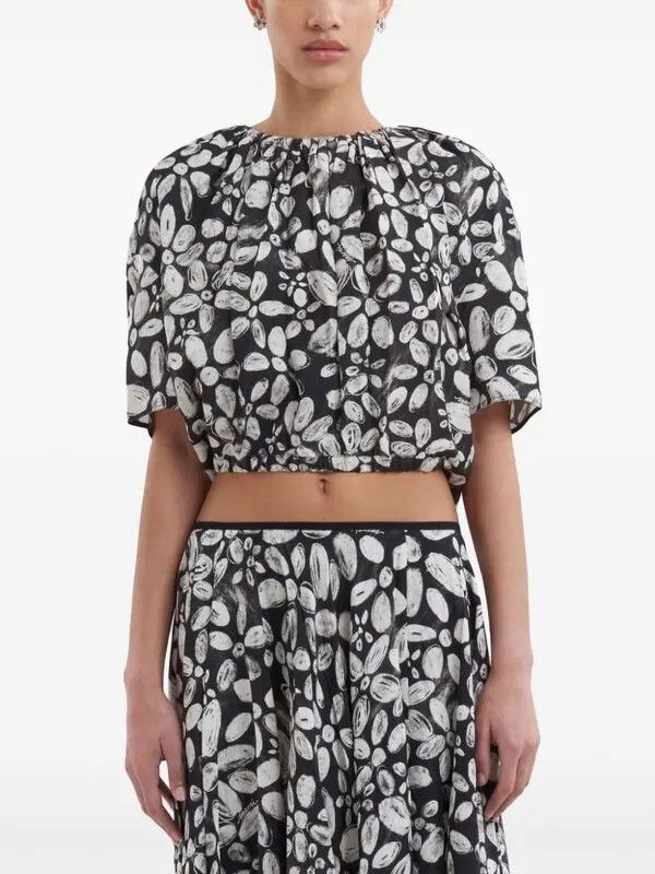 Marni o1w1db11125 Floral-Print Pleated Cropped Blouse in Black Size L / US 10 / IT 46 - 2 Thumbnail